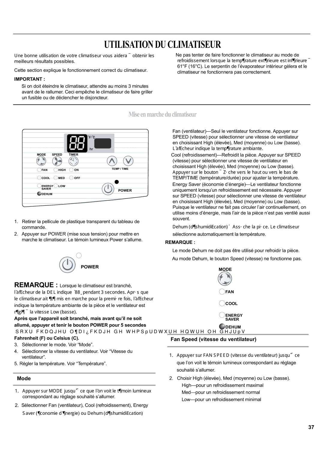 Haier ESA405K manual Utilisationduclimatiseur, Miseenmarcheduclimatiseur, Fan Speed vitesse du ventilateur, Remarque 