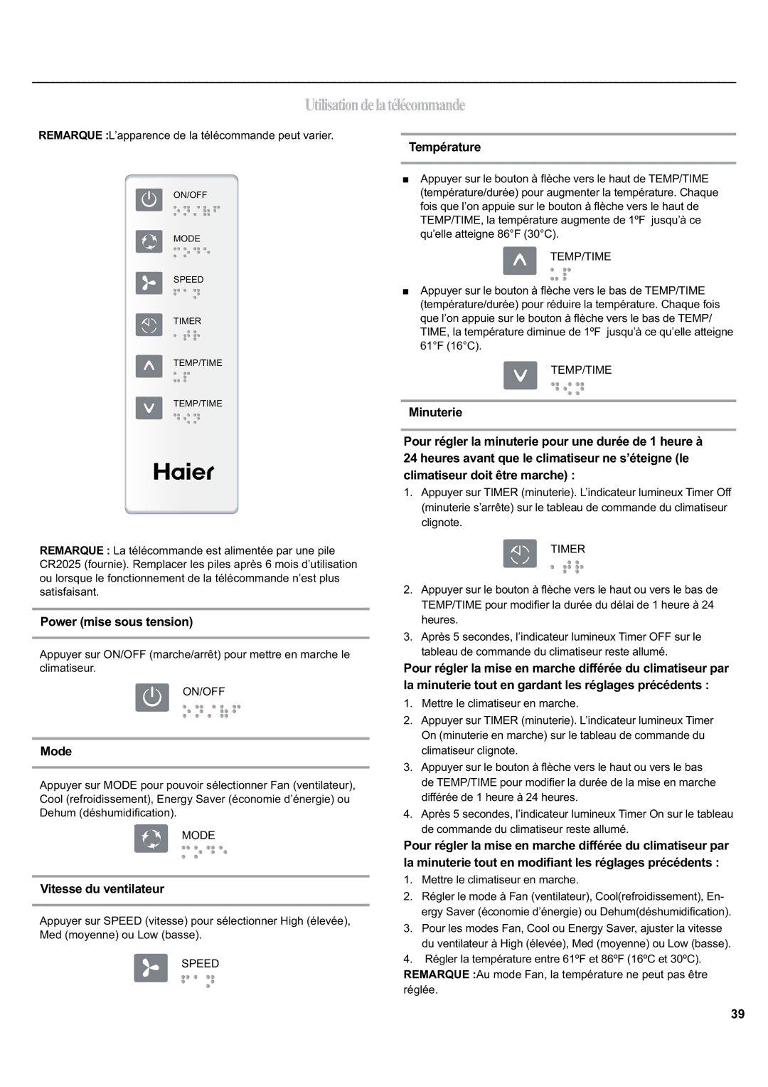 Haier ESA405K manual Utilisationdelatélécommande, Power mise sous tension, Vitesse du ventilateur 