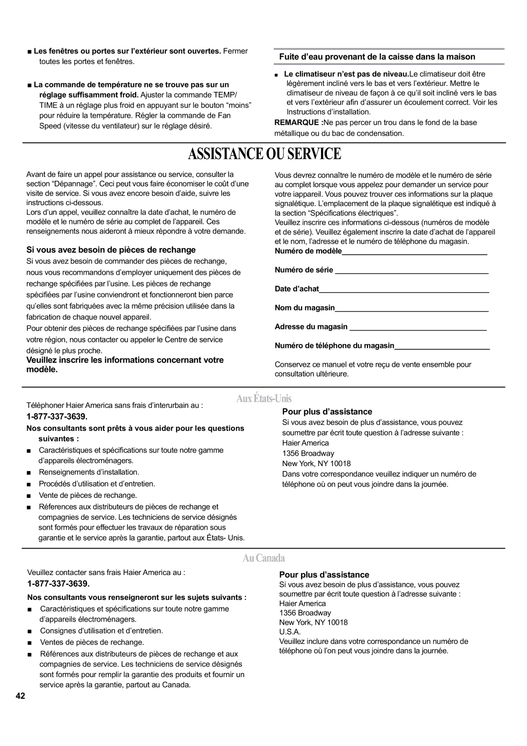 Haier ESA405K manual Assistanceouservice, AuxÉtats-Unis, AuCanada 