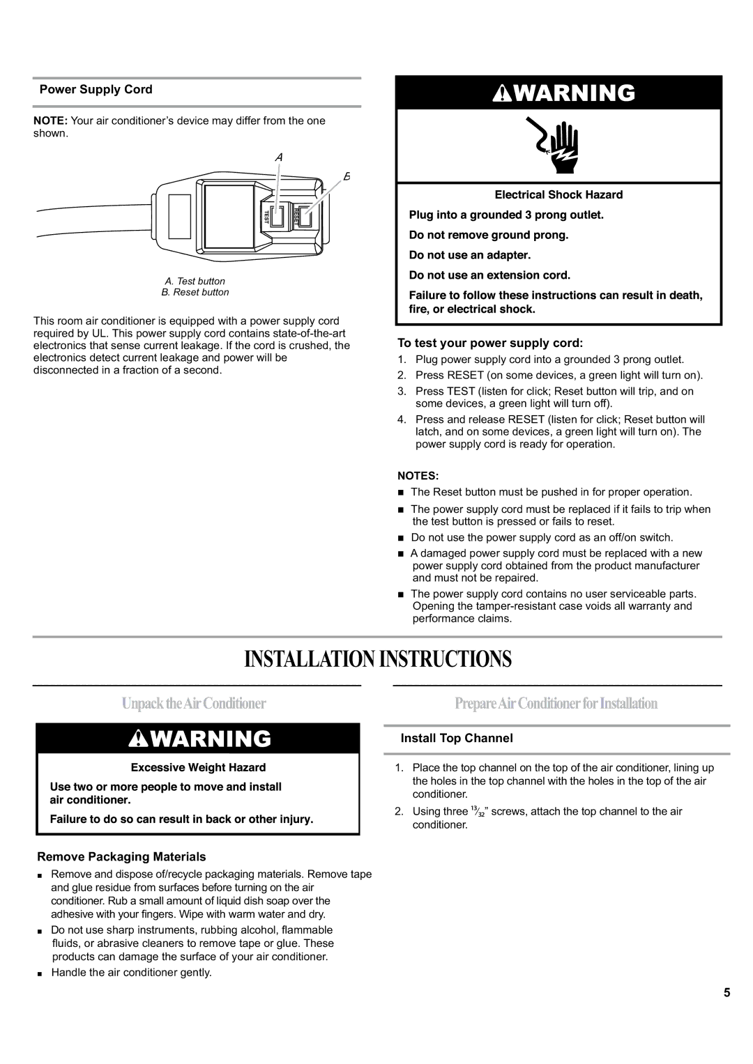 Haier ESA405K manual Installationinstructions, UnpacktheAirConditioner, To test your power supply cord 