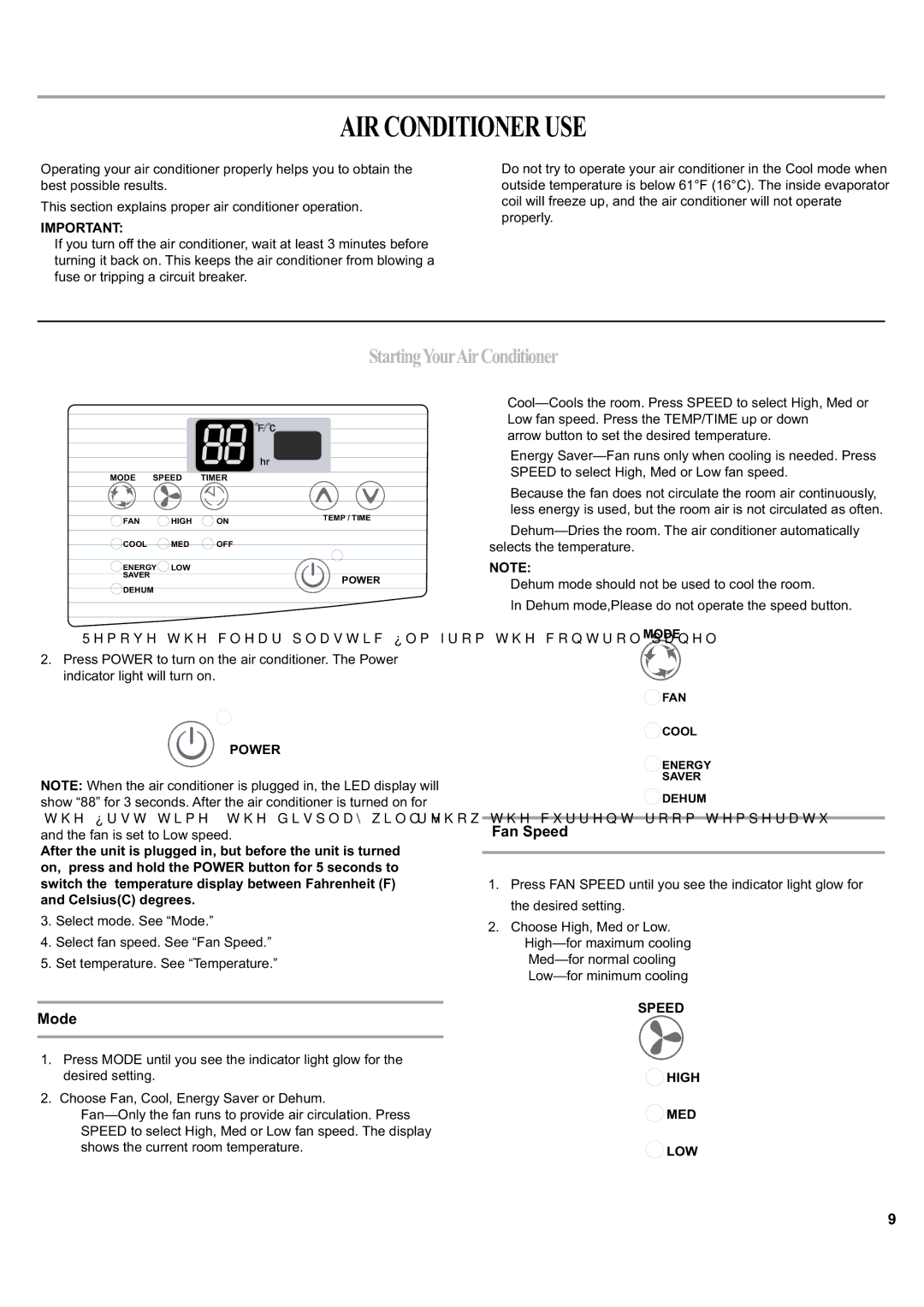 Haier ESA405K manual Airconditioneruse, StartingYourAirConditioner, Mode, Fan Speed 