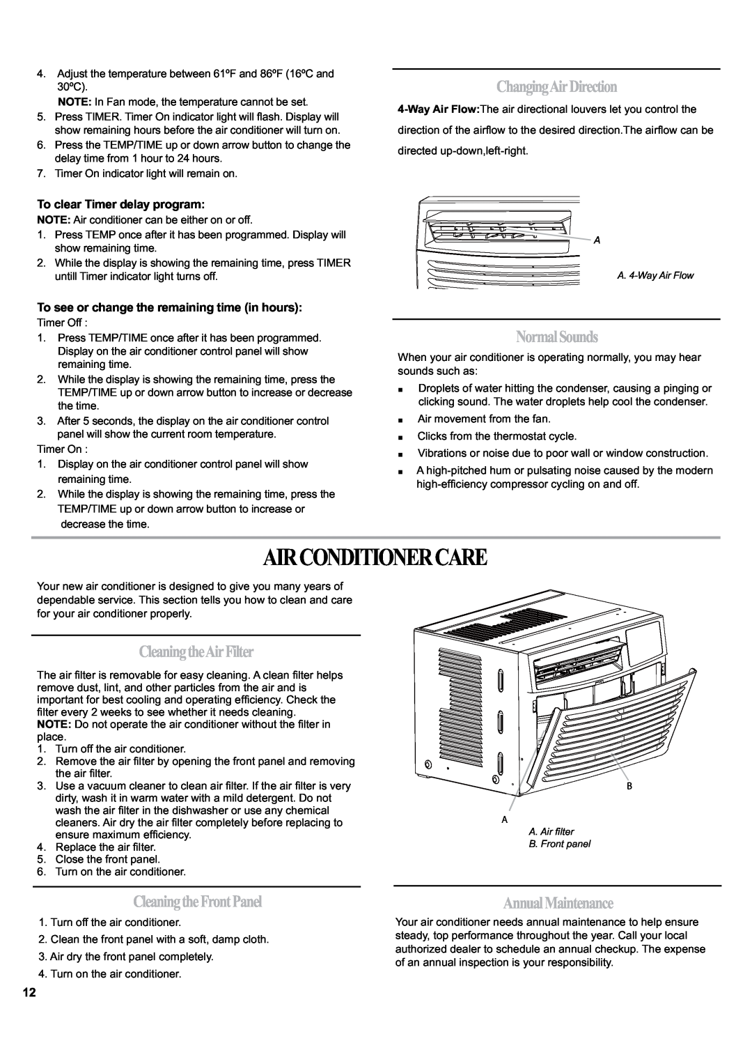 Haier ESA405K manual Airconditionercare, ChangingAirDirection, NormalSounds, CleaningtheAirFilter, CleaningtheFrontPanel 