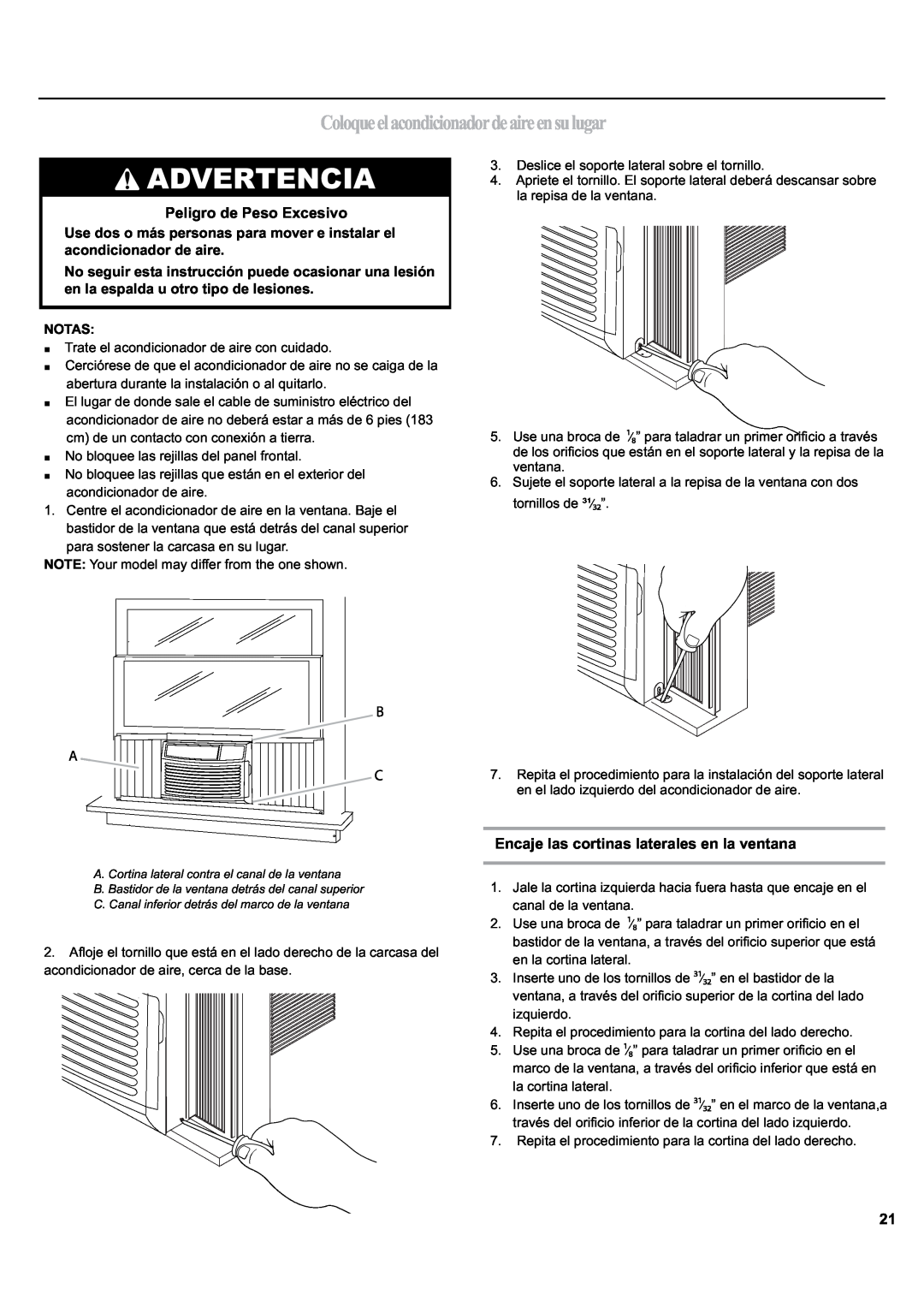 Haier ESA405K manual Coloqueelacondicionadordeaireensulugar, Advertencia, Peligro de Peso Excesivo, B A C 