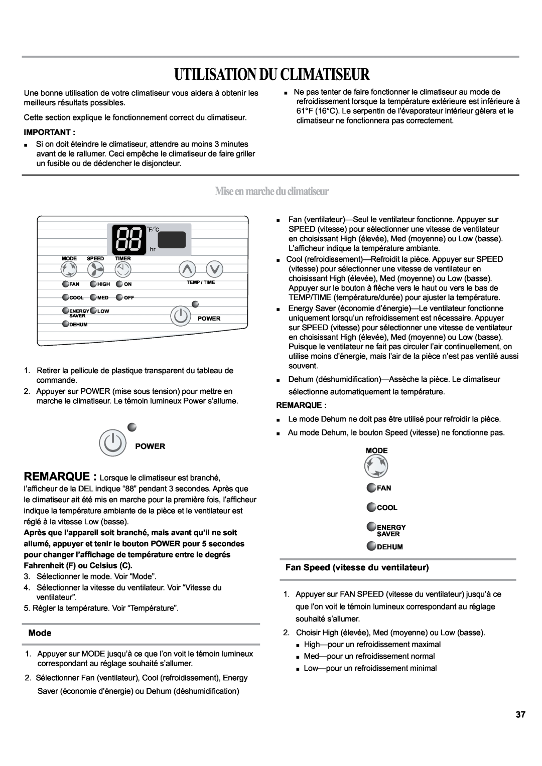 Haier ESA405K manual Utilisationduclimatiseur, Miseenmarcheduclimatiseur, Mode, Fan Speed vitesse du ventilateur 