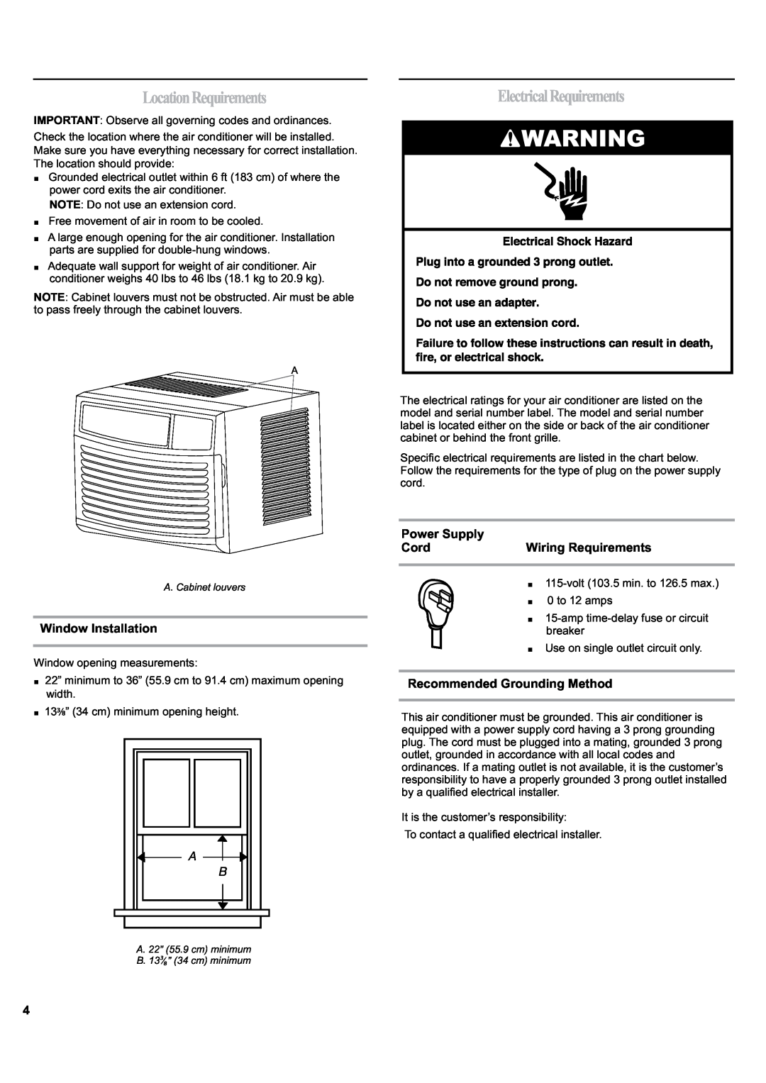 Haier ESA405K manual LocationRequirements, ElectricalRequirements, Window Installation, Power Supply, Cord 