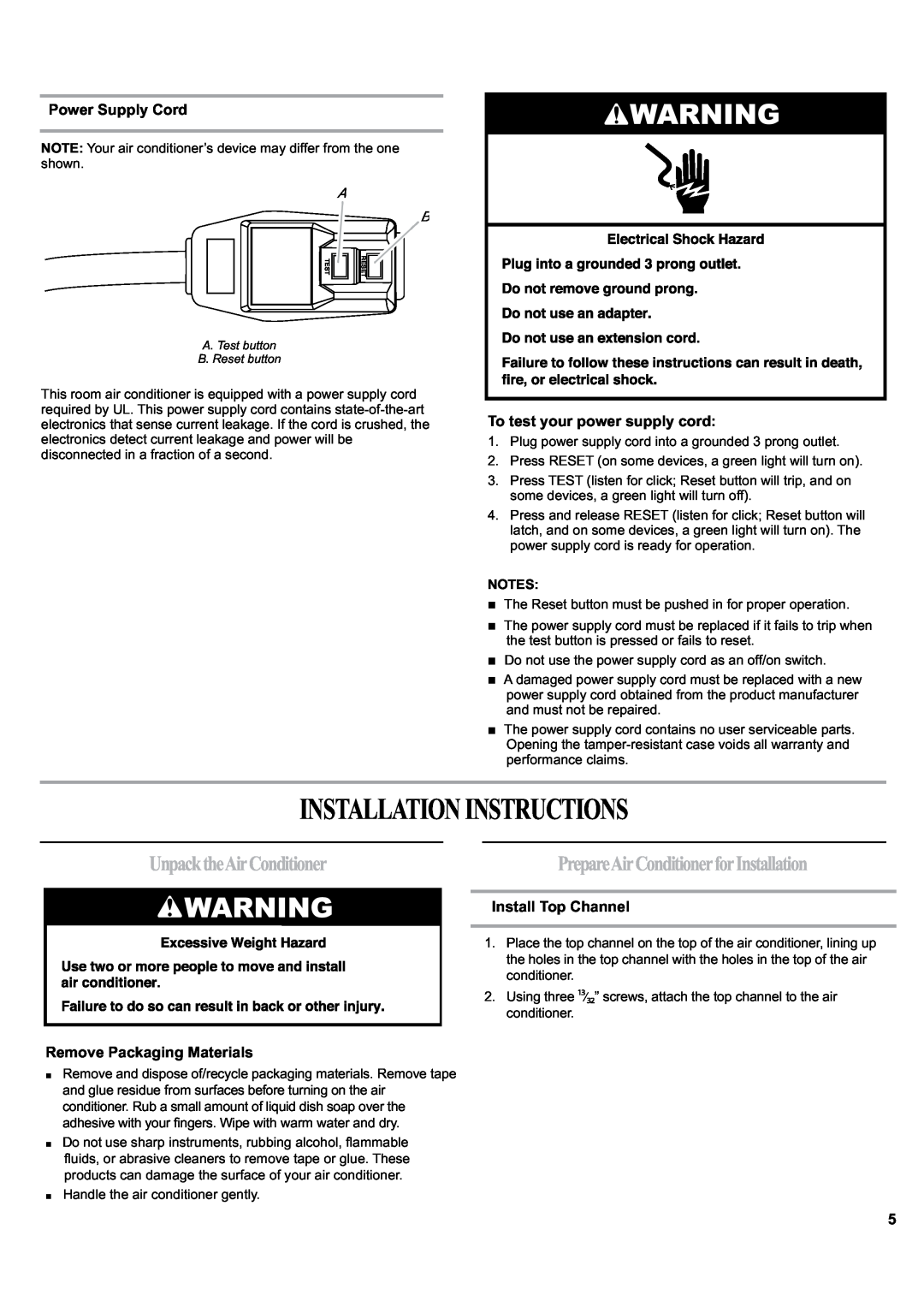 Haier ESA405K manual Installationinstructions, UnpacktheAirConditioner, Power Supply Cord, To test your power supply cord 