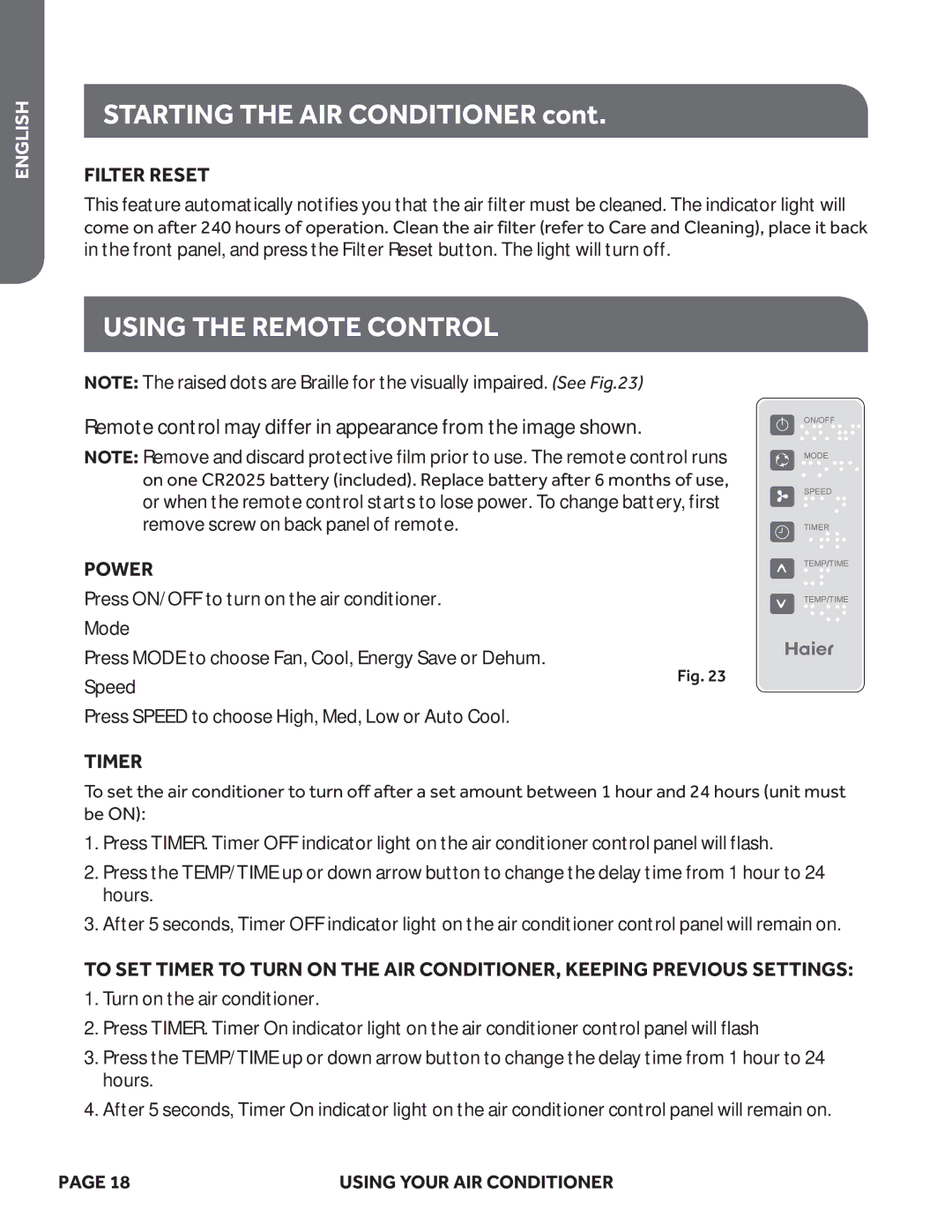 Haier ESA412M, ESA410M, ESA408M, ESA405M, ESA406M, HWR05XCM user manual Using the Remote Control, Filter Reset, Power 