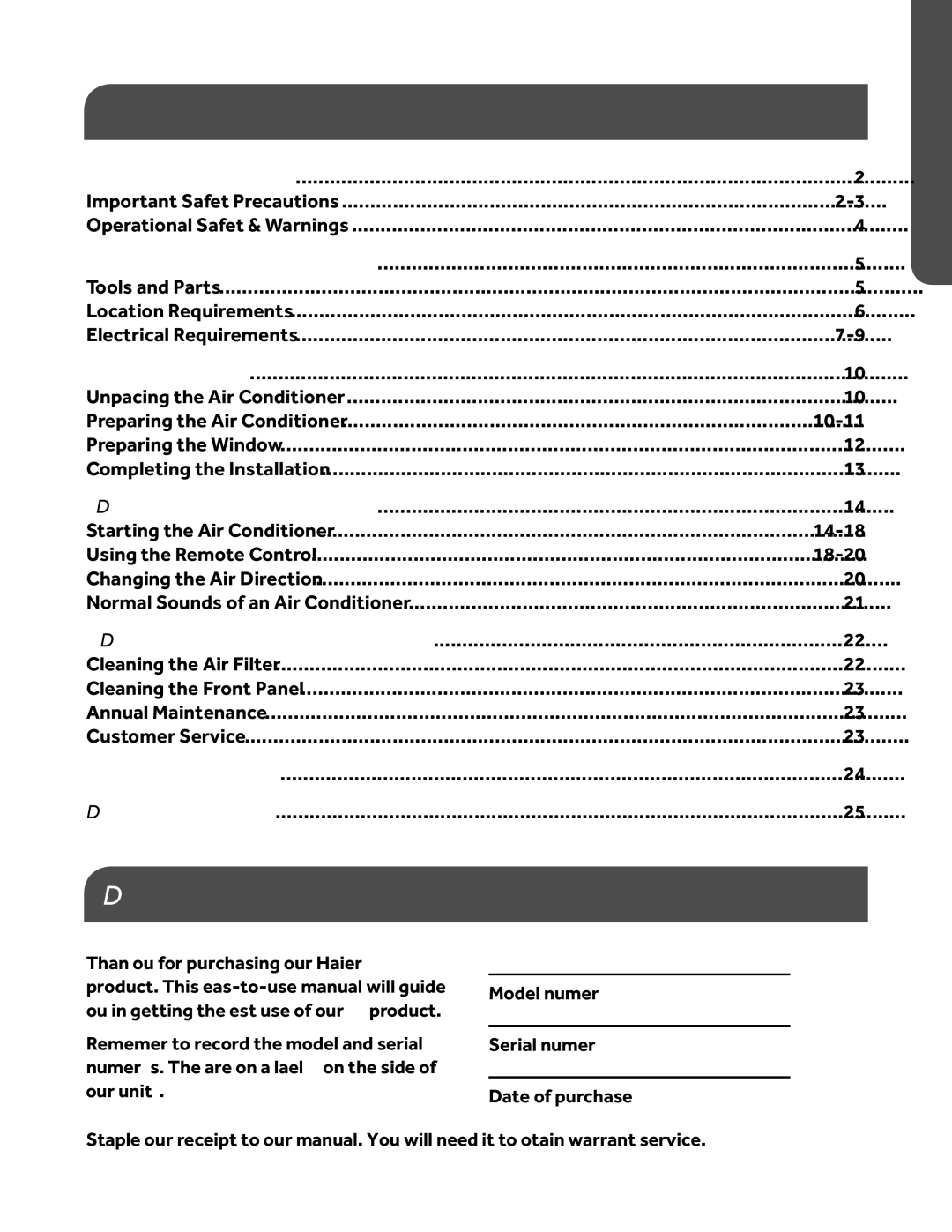 Haier ESA405M, ESA410M, ESA408M, ESA412M, ESA406M, HWR05XCM user manual Table of Contents, Product Registration 