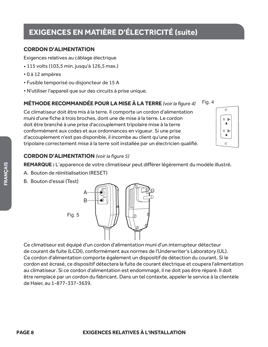 Haier ESA410M, ESA408M, ESA412M, ESA405M, ESA406M, HWR05XCM Exigences EN Matière Délectricité suite, Cordon Dalimentation 