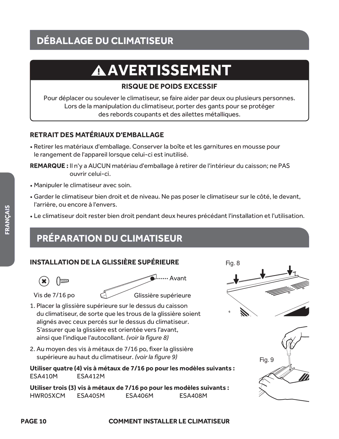 Haier ESA412M, ESA410M, ESA408M Déballage DU Climatiseur, Préparation DU Climatiseur, Retrait DES Matériaux Demballage 