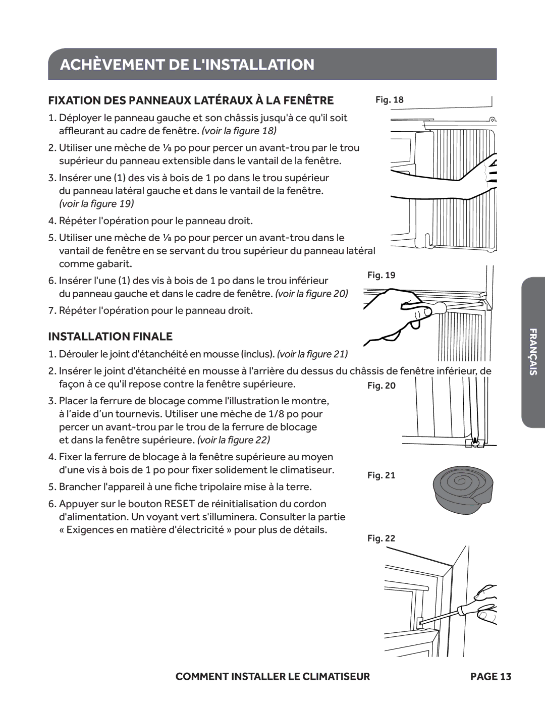 Haier HWR05XCM, ESA410M, ESA408M, ESA412M, ESA405M Achèvement DE Linstallation, Fixation DES Panneaux Latéraux À LA Fenêtre 