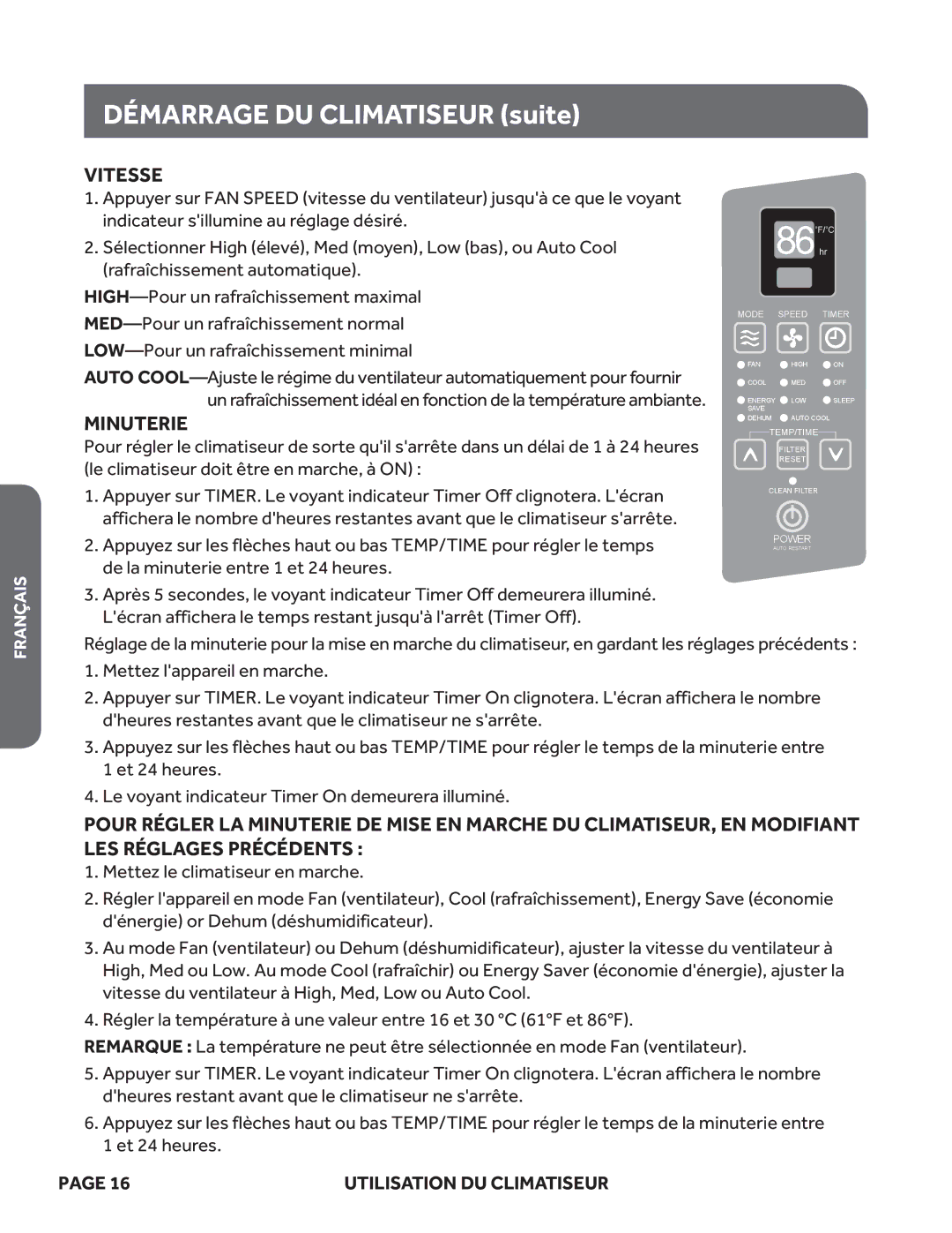 Haier ESA412M, ESA410M, ESA408M, ESA405M, ESA406M, HWR05XCM user manual Vitesse, Minuterie 