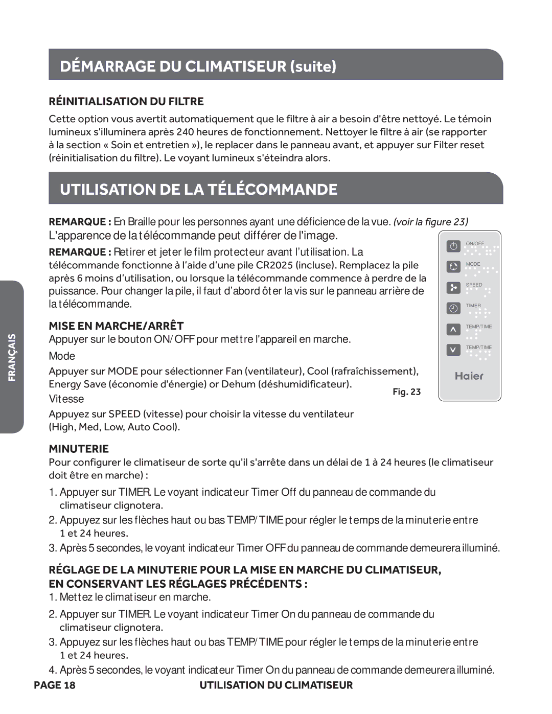 Haier ESA406M, ESA410M, ESA408M, ESA412M Utilisation DE LA Télécommande, Réinitialisation DU Filtre, Mise EN MARCHE/ARRÊT 