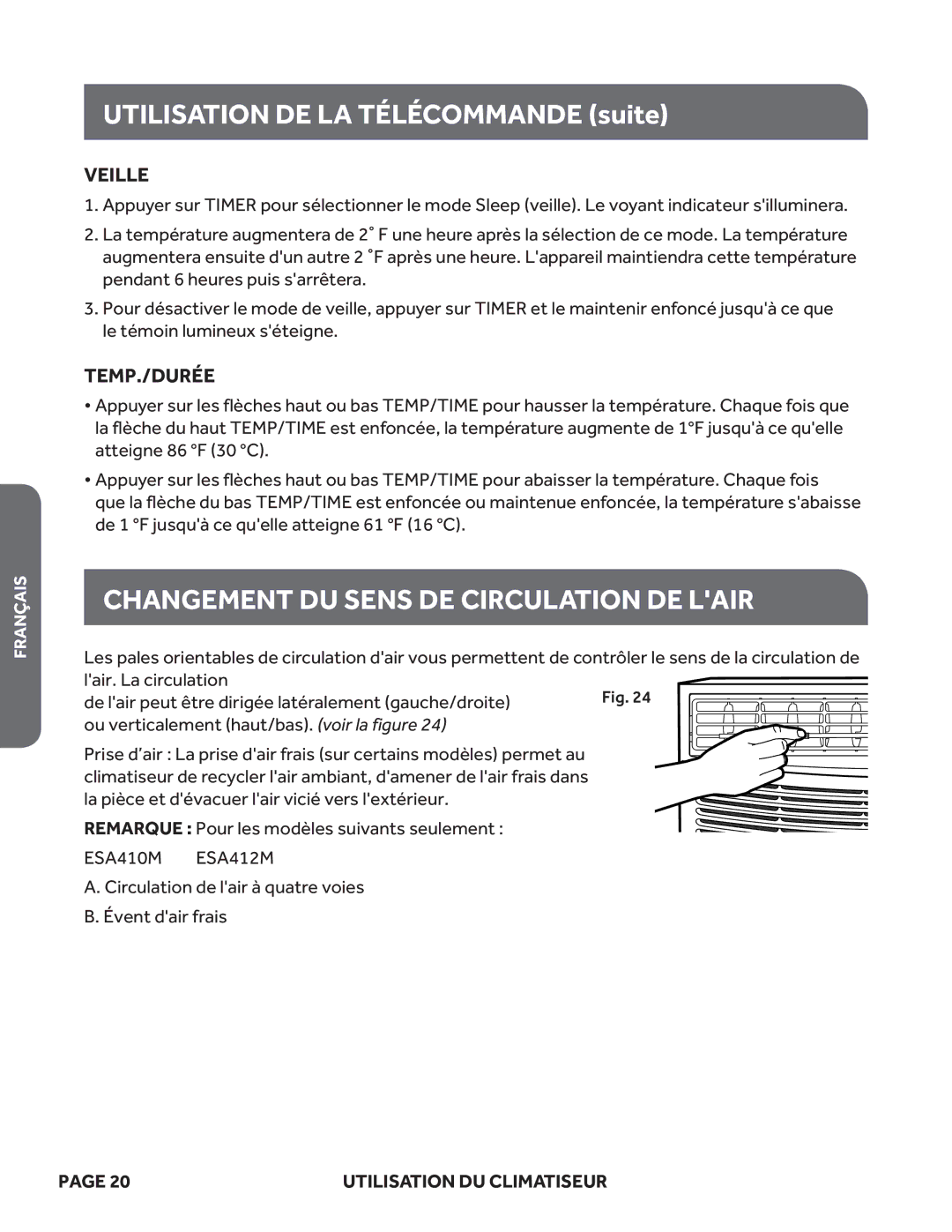 Haier ESA410M, ESA408M, ESA412M, ESA405M, ESA406M, HWR05XCM user manual Changement DU Sens DE Circulation DE Lair, Veille 