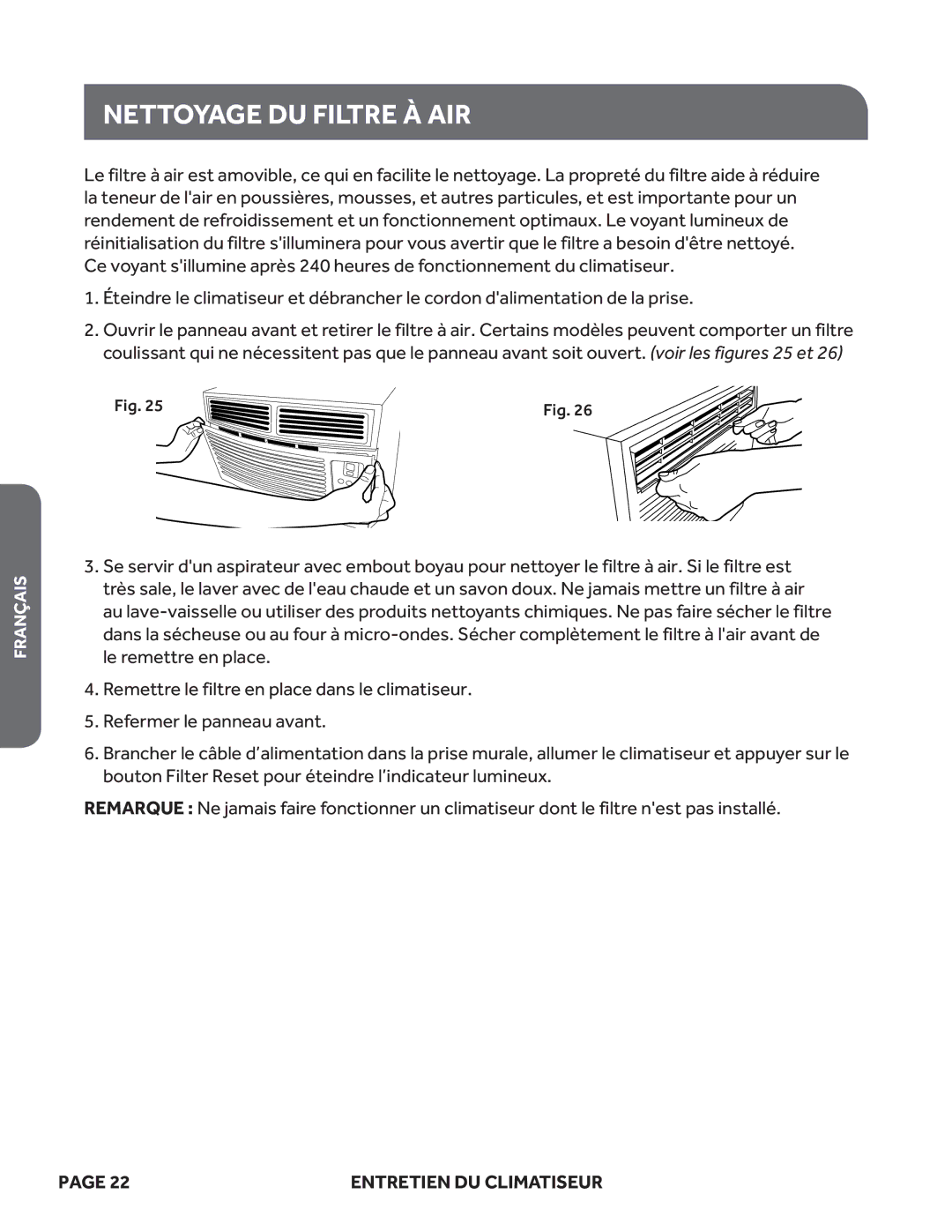 Haier ESA412M, ESA410M, ESA408M, ESA405M, ESA406M, HWR05XCM user manual Nettoyage DU Filtre À AIR 