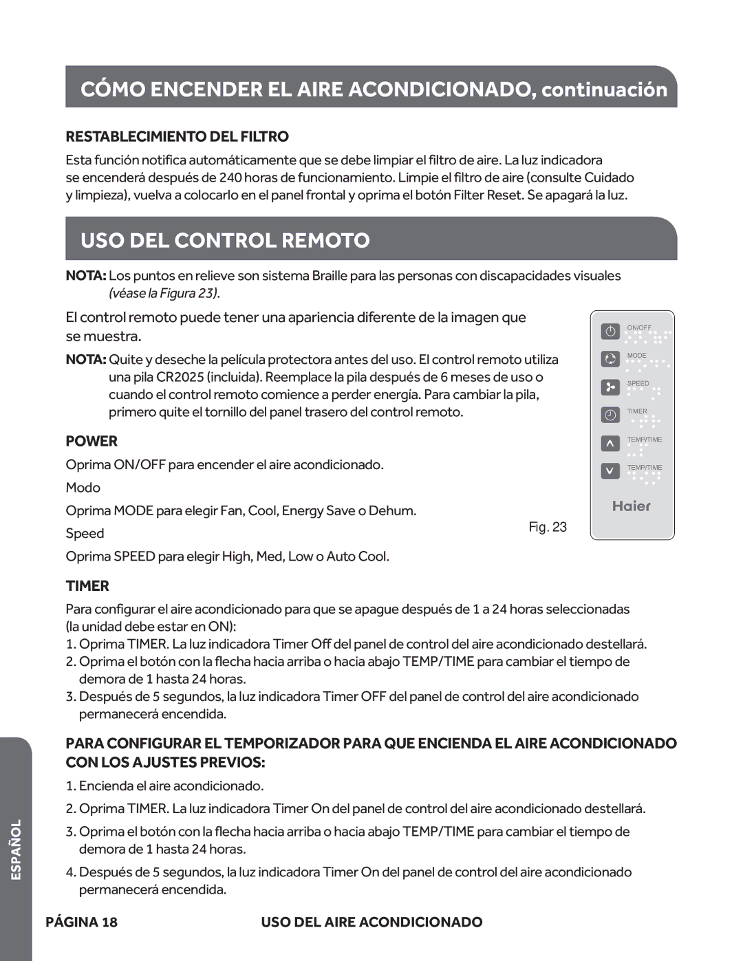 Haier ESA410M, ESA408M, ESA412M, ESA405M, ESA406M, HWR05XCM user manual USO DEL Control Remoto, Restablecimiento DEL Filtro 