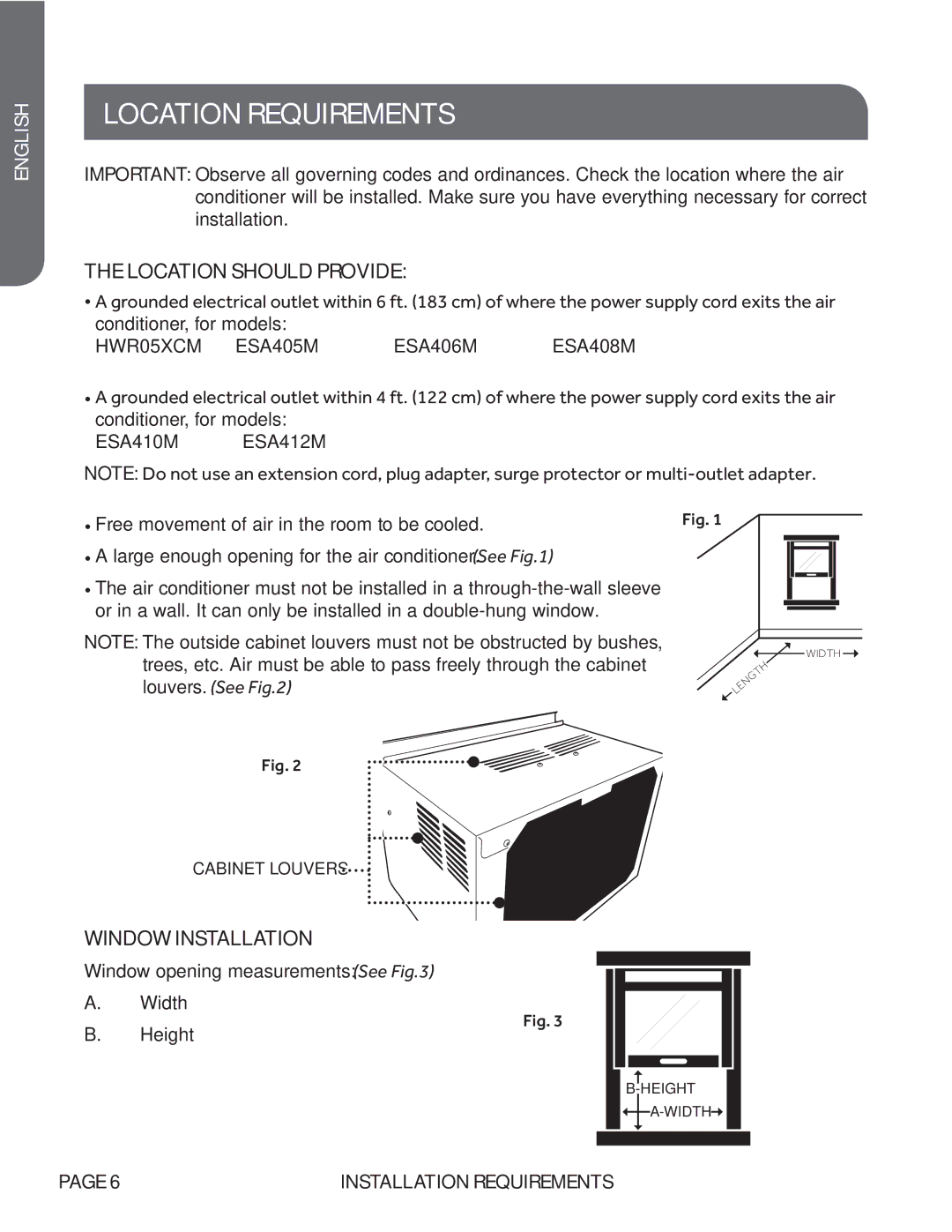 Haier ESA412M, ESA410M, ESA408M, ESA405M, ESA406M Location Requirements, Location should Provide, Window Installation 