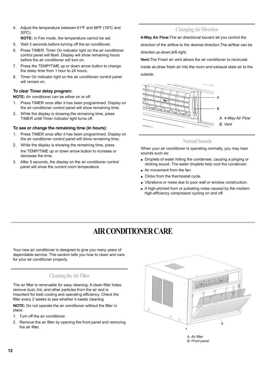 Haier ESA424J-L manual Airconditionercare, ChangingAirDirection, NormalSounds, CleaningtheAirFilter 