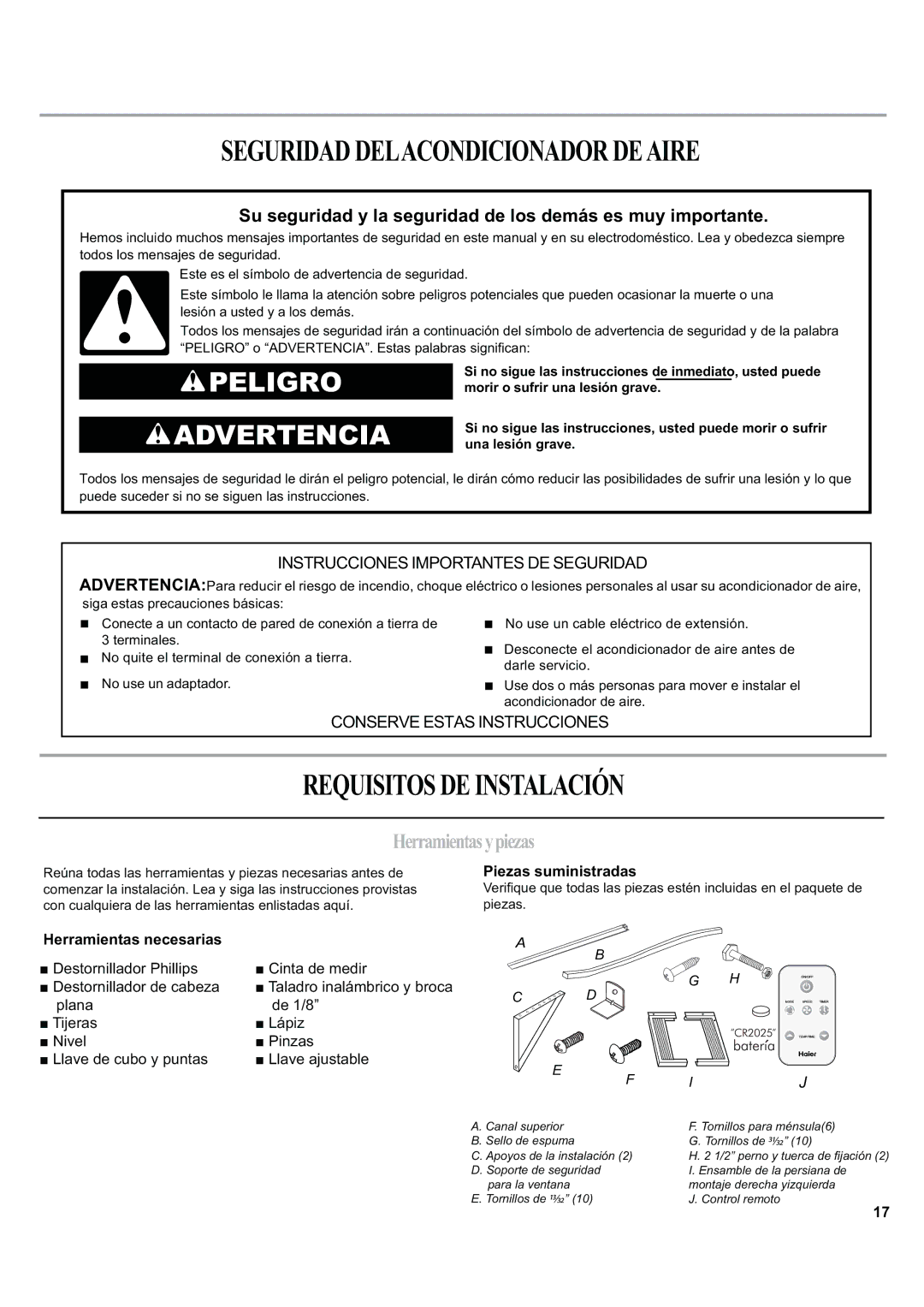 Haier ESA424J manual Seguridaddelacondicionadordeaire, Requisitosdeinstalación, Herramientasypiezas, Piezas suministradas 