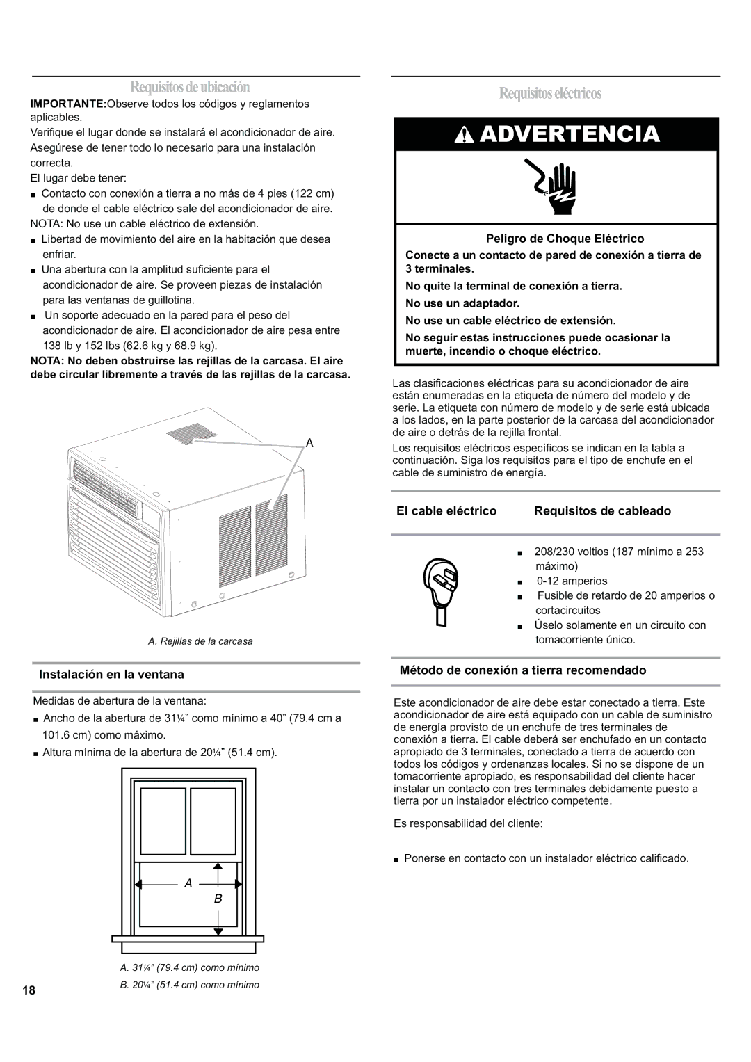 Haier ESA424J-L manual Requisitosdeubicación, Requisitoseléctricos, Instalación en la ventana, El cable eléctrico 