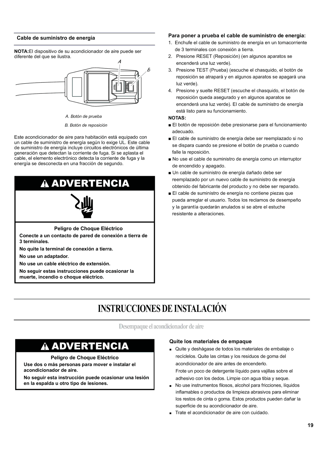 Haier ESA424J-L manual Instruccionesdeinstalación, Desempaqueelacondicionadordeaire, Cable de suministro de energía 