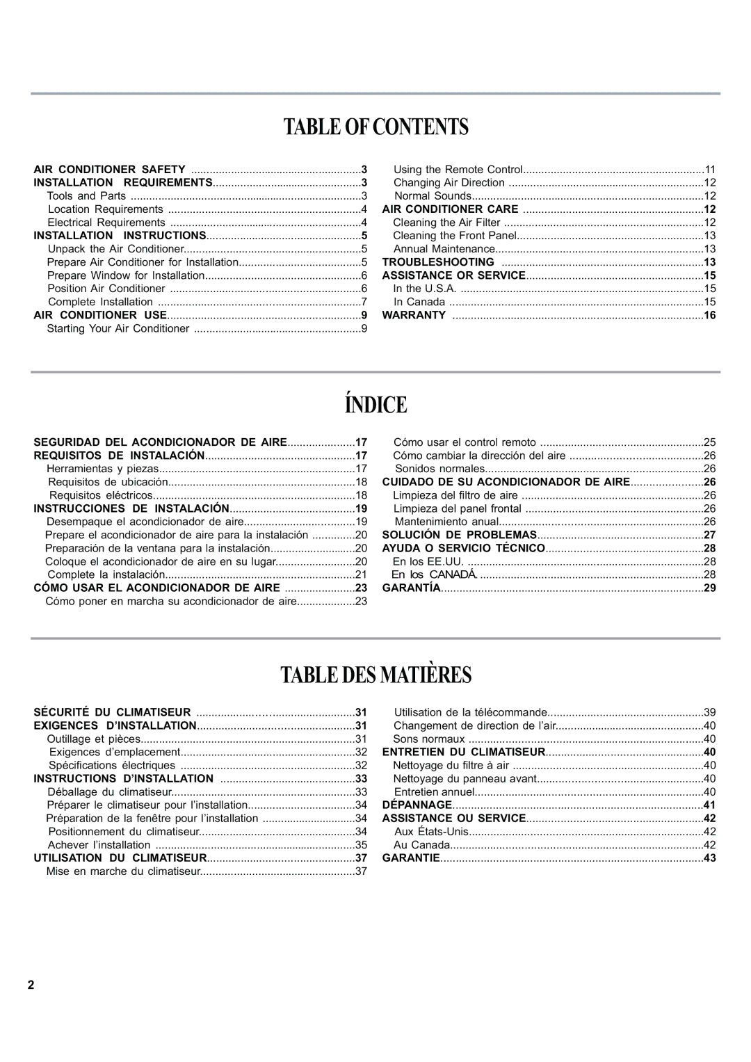 Haier ESA424J-L manual Tableofcontents, Índice, Tabledesmatières 