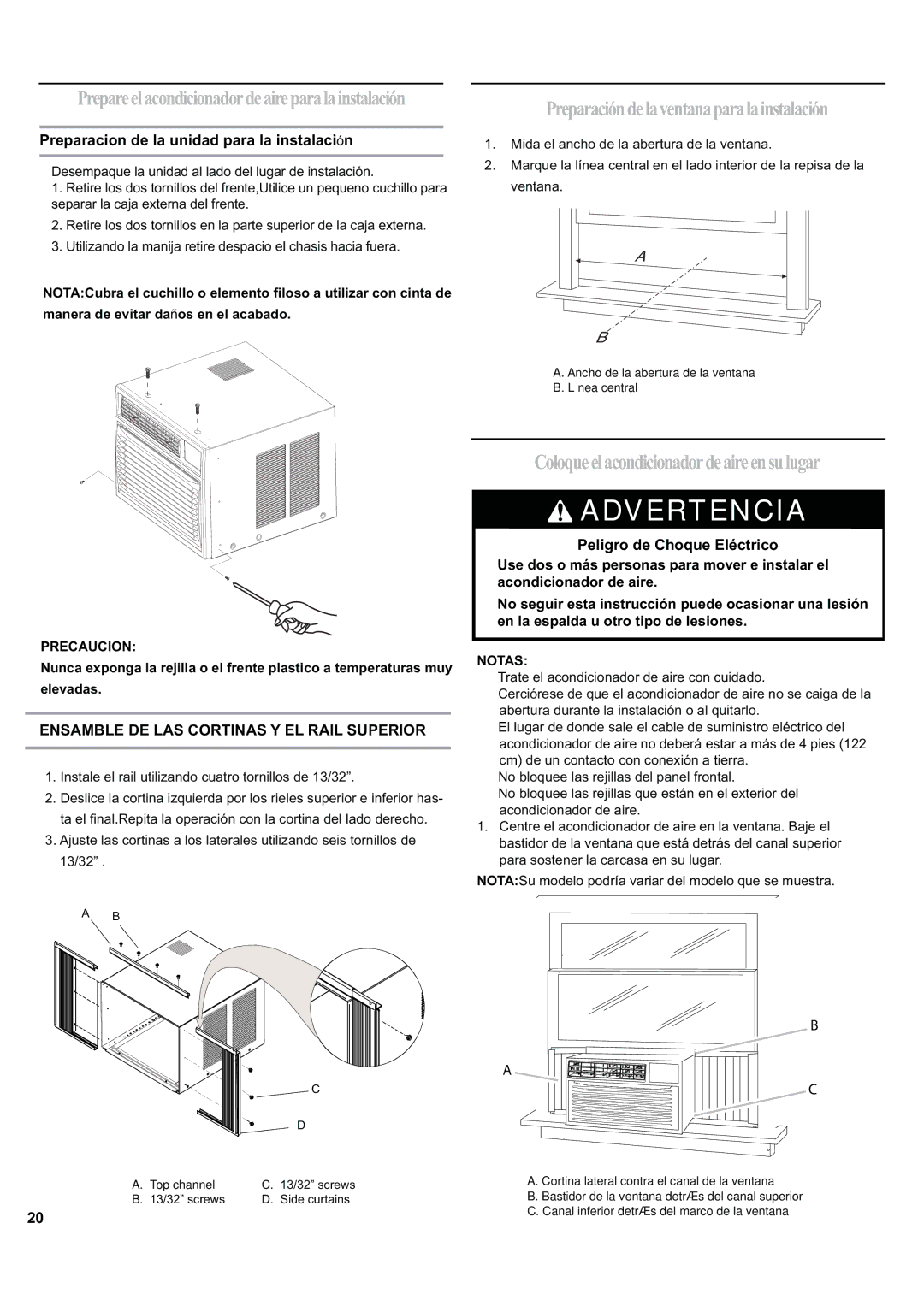 Haier ESA424J-L manual Preparacióndelaventanaparalainstalación, Coloqueelacondicionadordeaireensulugar, Precaucion 