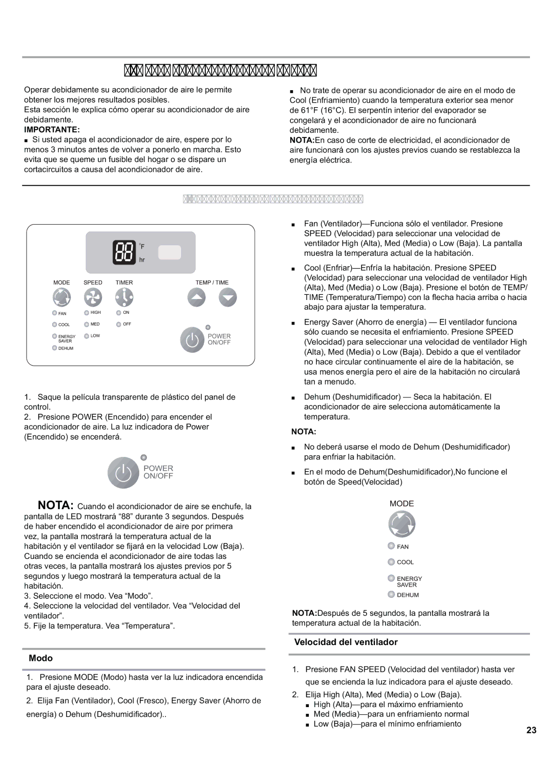 Haier ESA424J Cómousarelacondicionadordeaire, Cómoponerenmarchasuacondicionadordeaire, Modo, Velocidad del ventilador 