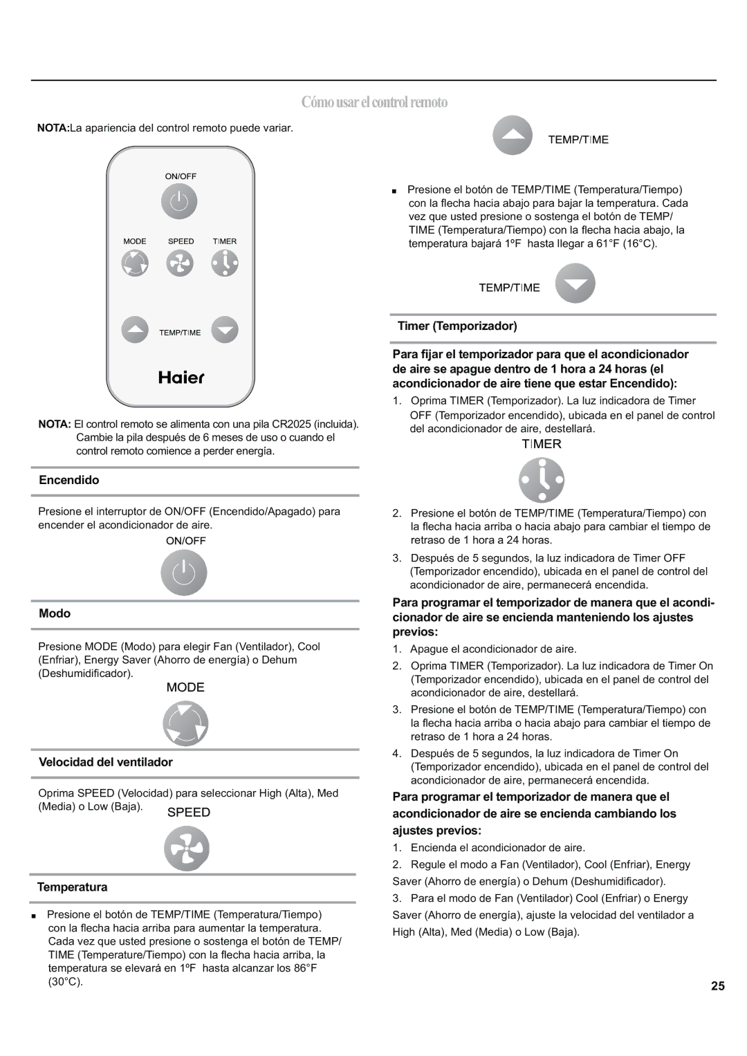 Haier ESA424J-L manual Cómousarelcontrolremoto, Timer Temporizador, Encendido 