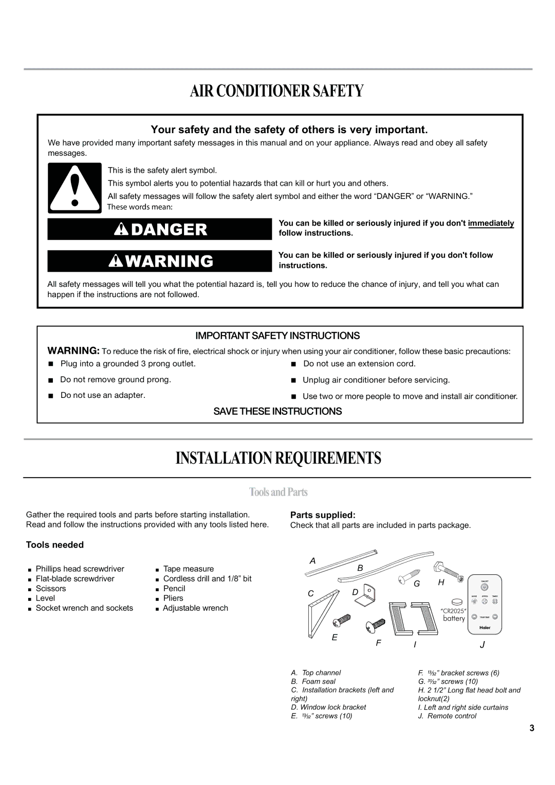 Haier ESA424J-L manual Airconditionersafety, Installationrequirements, ToolsandParts, Parts supplied, Tools needed 