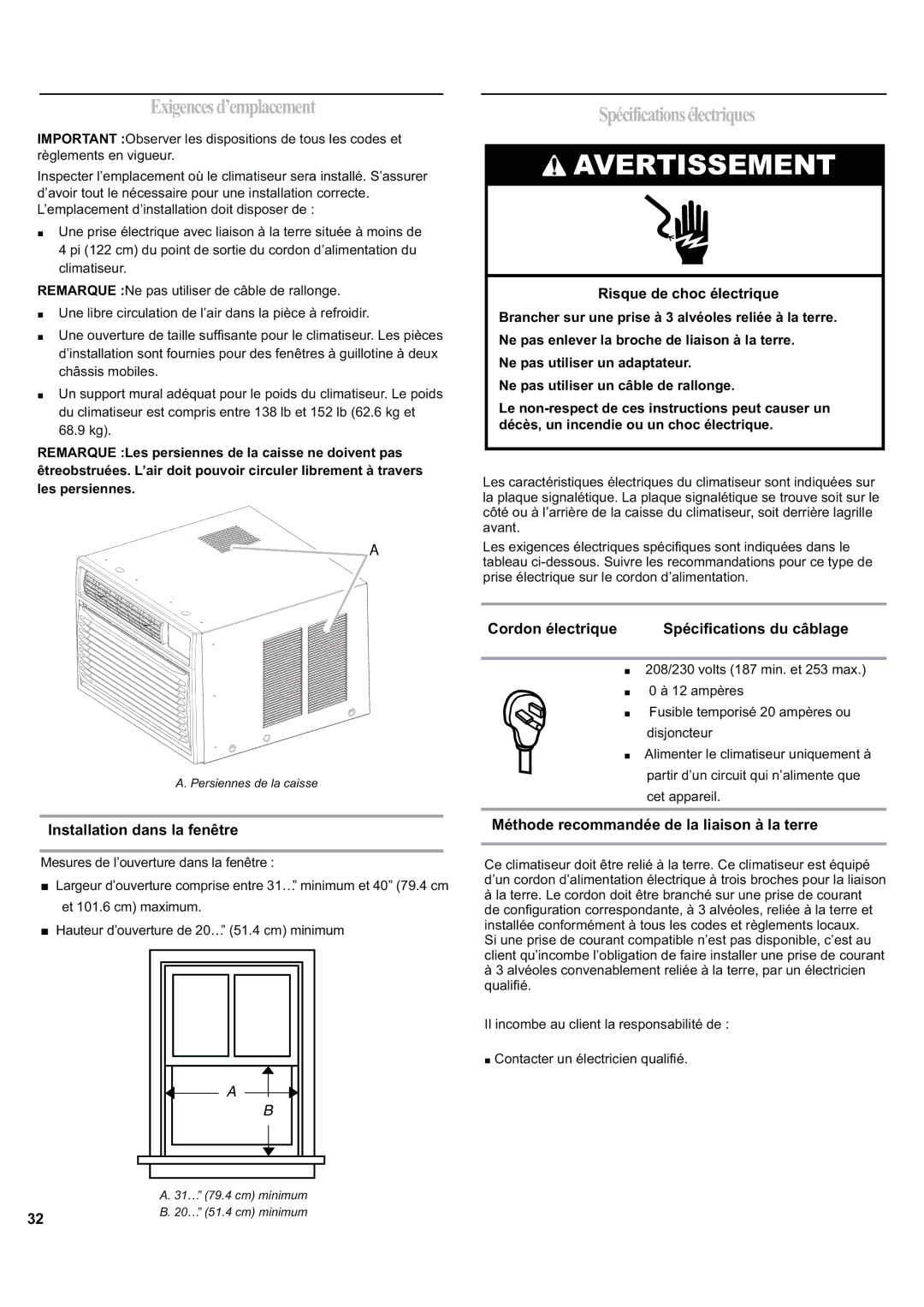 Haier ESA424J-L manual Exigencesd’emplacement, Spécificationsélectriques, Installation dans la fenêtre, Cordon électrique 