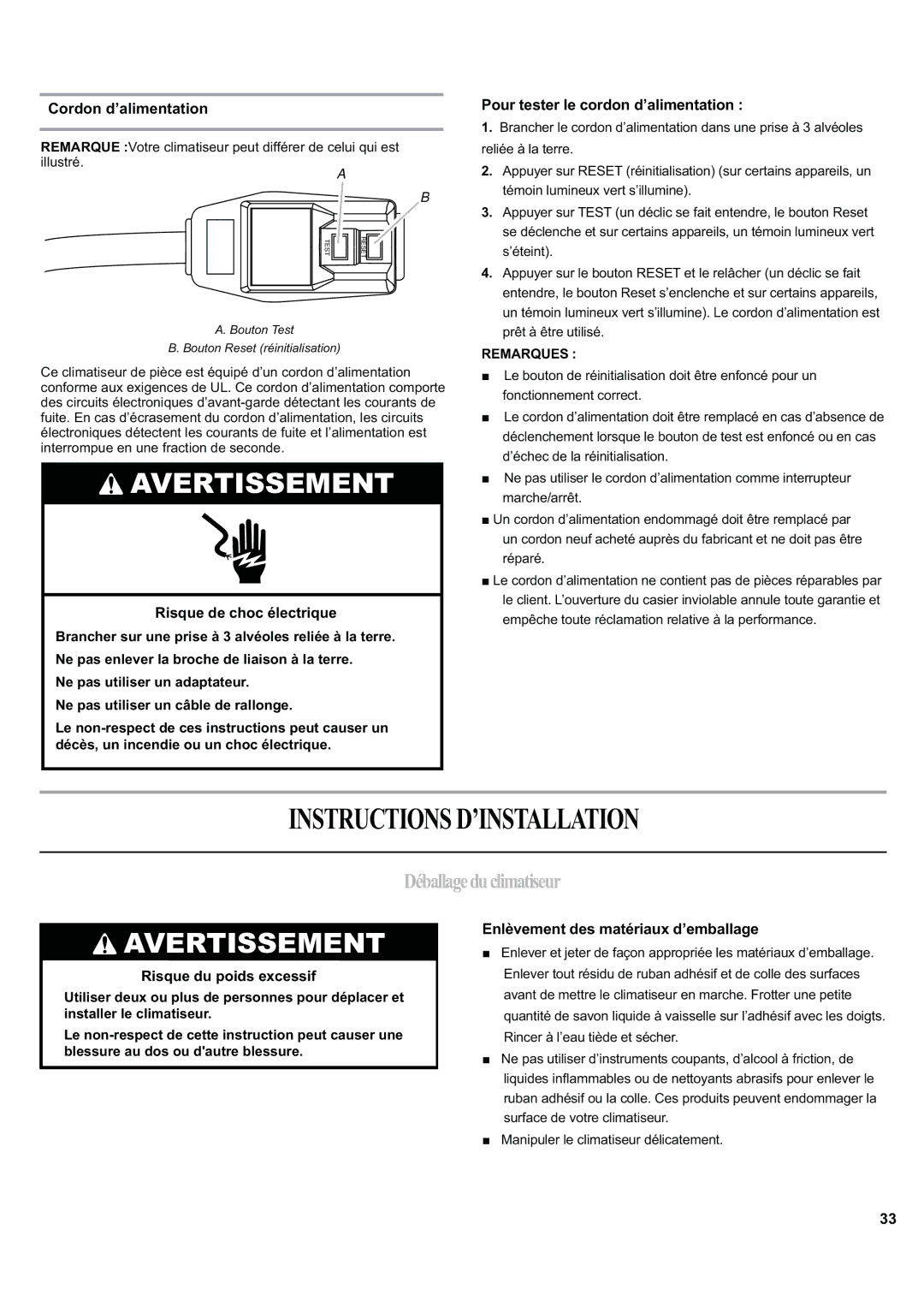 Haier ESA424J-L manual Instructionsd’Installation, Déballageduclimatiseur, Cordon d’alimentation 