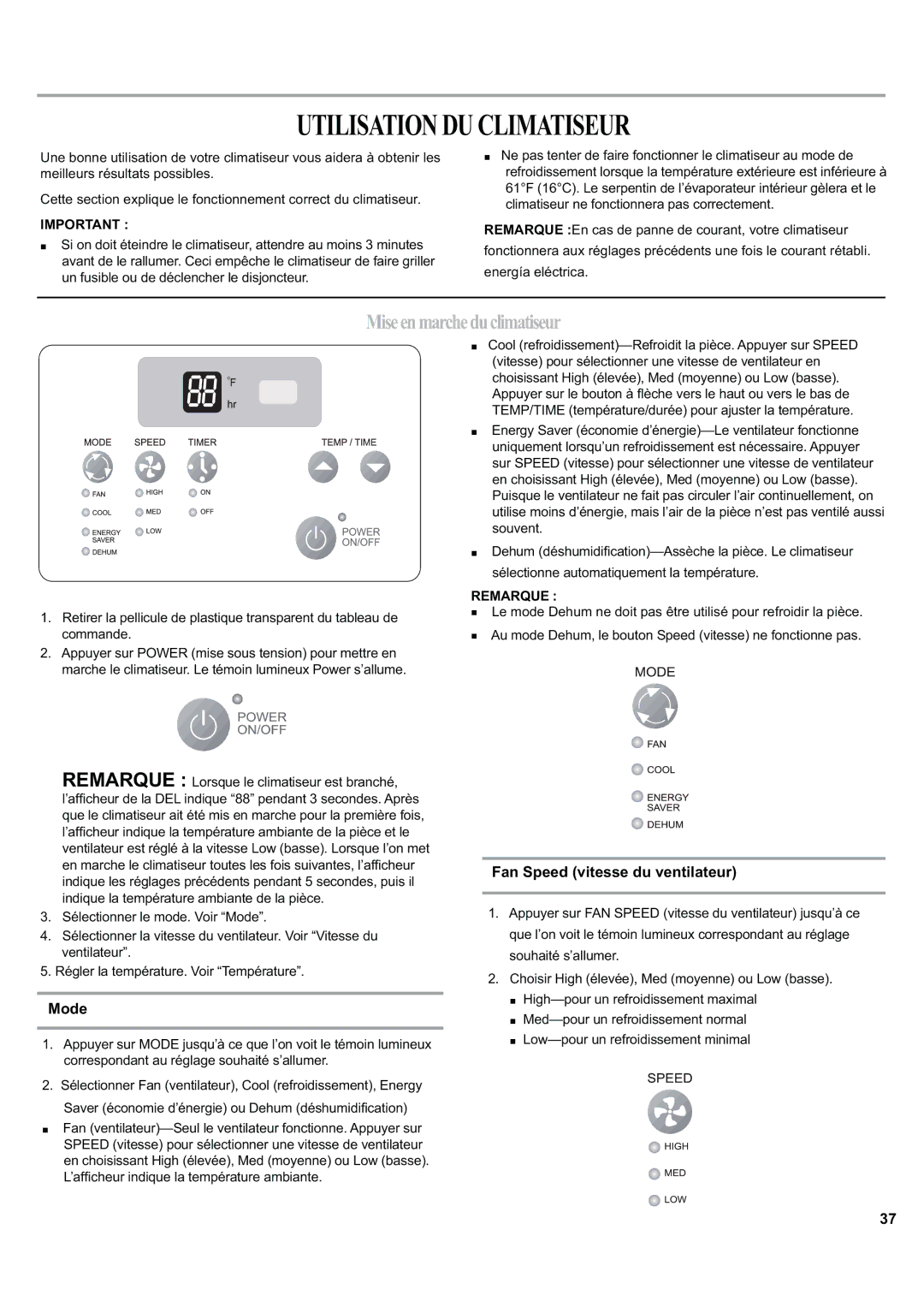 Haier ESA424J-L manual Utilisationduclimatiseur, Miseenmarcheduclimatiseur, Fan Speed vitesse du ventilateur, Remarque 