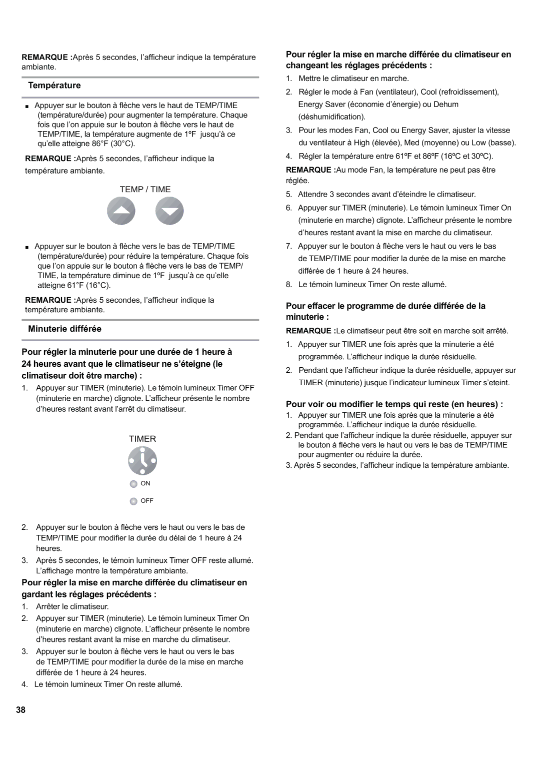 Haier ESA424J-L manual Température, Pour effacer le programme de durée différée de la minuterie 