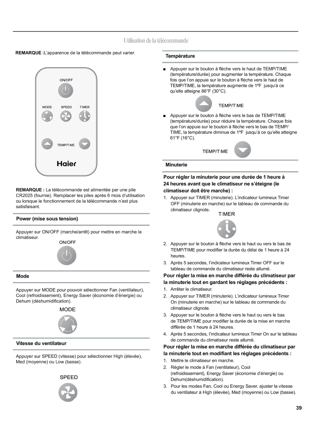 Haier ESA424J-L manual Utilisationdelatélécommande, Power mise sous tension, Vitesse du ventilateur 