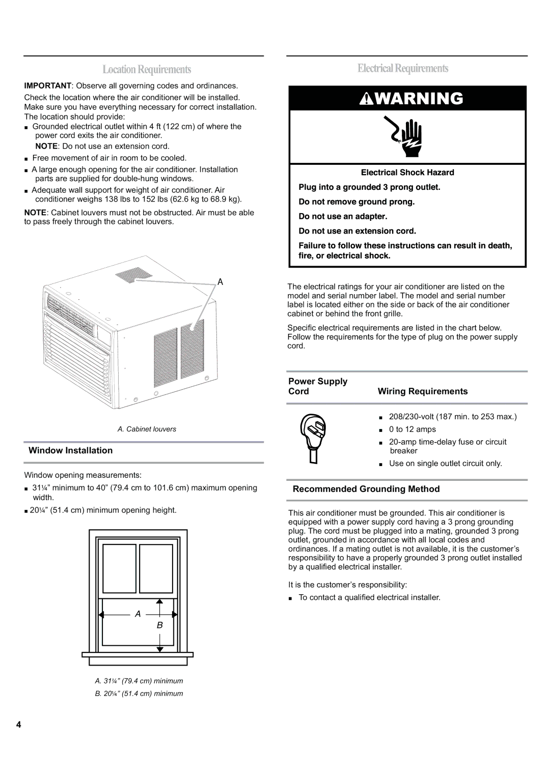 Haier ESA424J-L manual LocationRequirements, ElectricalRequirements, Window Installation, Power Supply Cord 