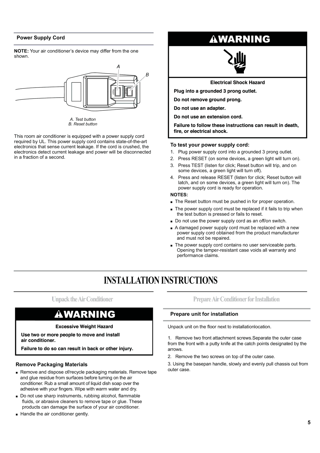 Haier ESA424J-L manual Installationinstructions, UnpacktheAirConditioner, PrepareAirConditionerforInstallation 