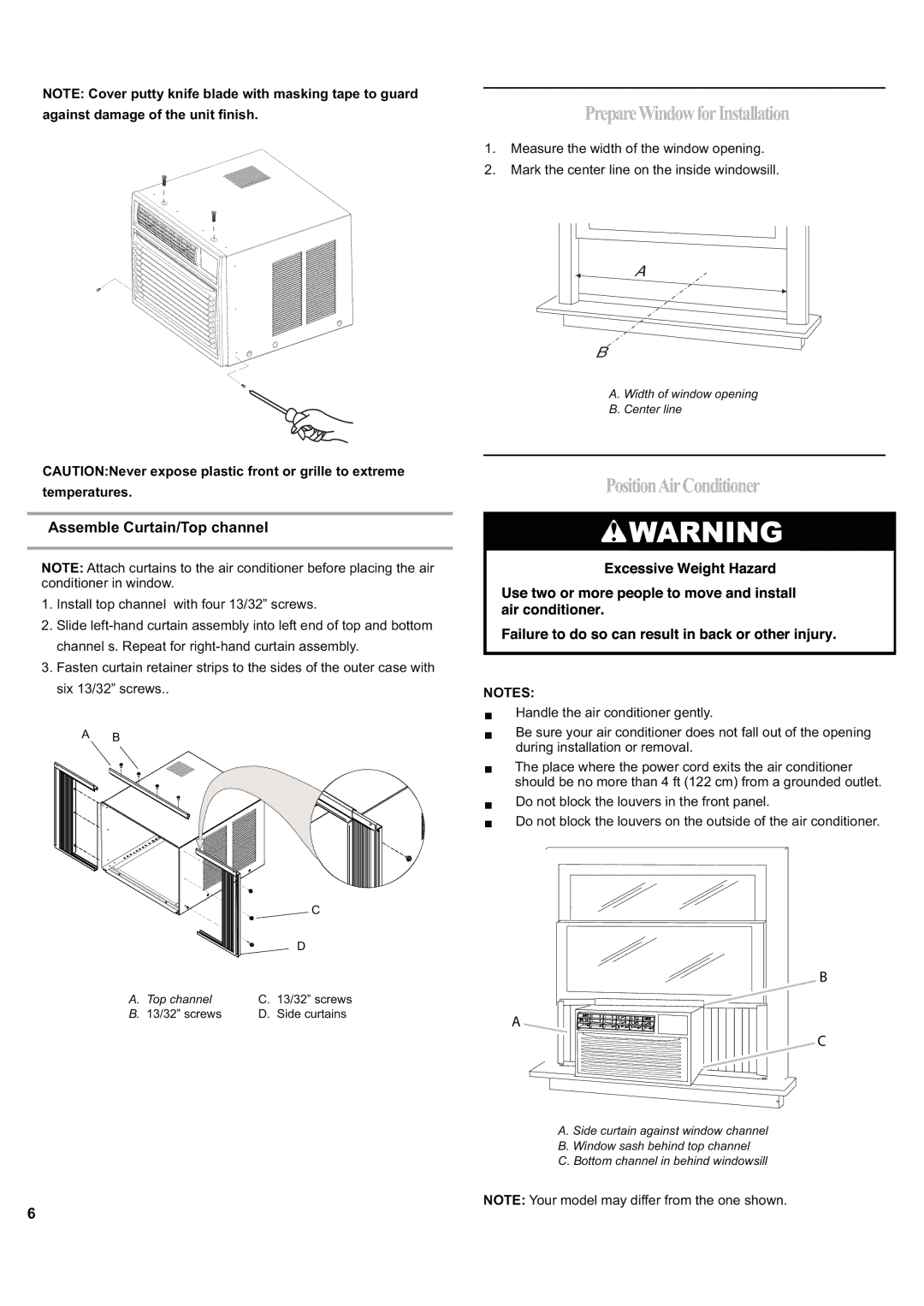 Haier ESA424J-L manual PrepareWindowforInstallation, PositionAirConditioner, Assemble Curtain/Top channel 