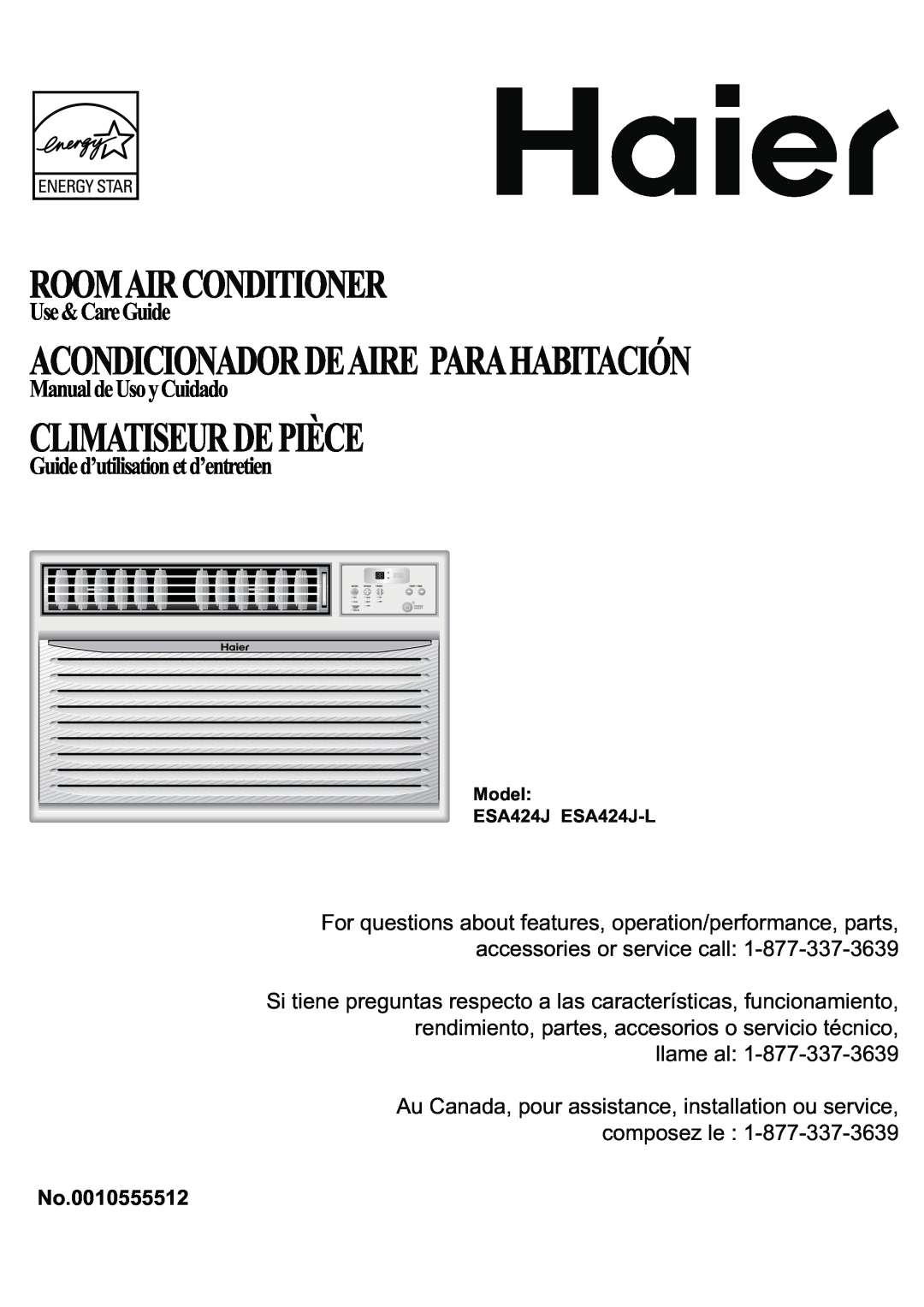 Haier ESA424J-L manual Climatiseurdepièce, Roomairconditioner, Acondicionadordeaire Parahabitación, Use&CareGuide 