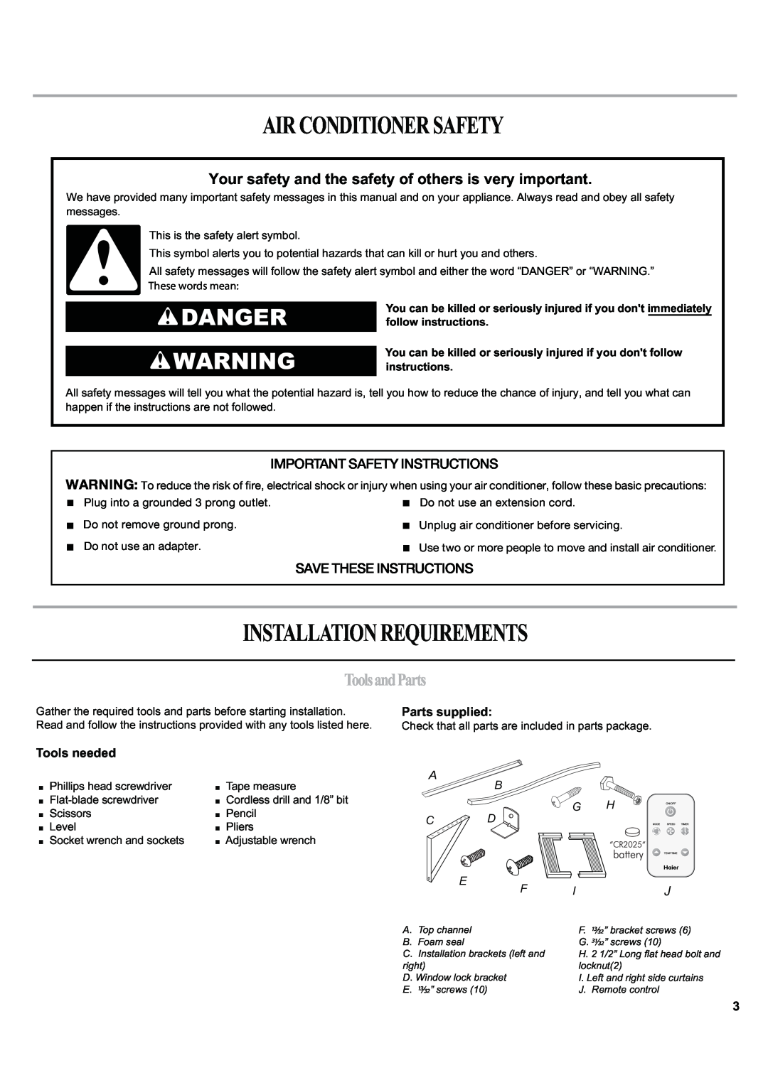 Haier ESA424J manual Airconditionersafety, Installationrequirements, Danger, ToolsandParts, Important Safety Instructions 
