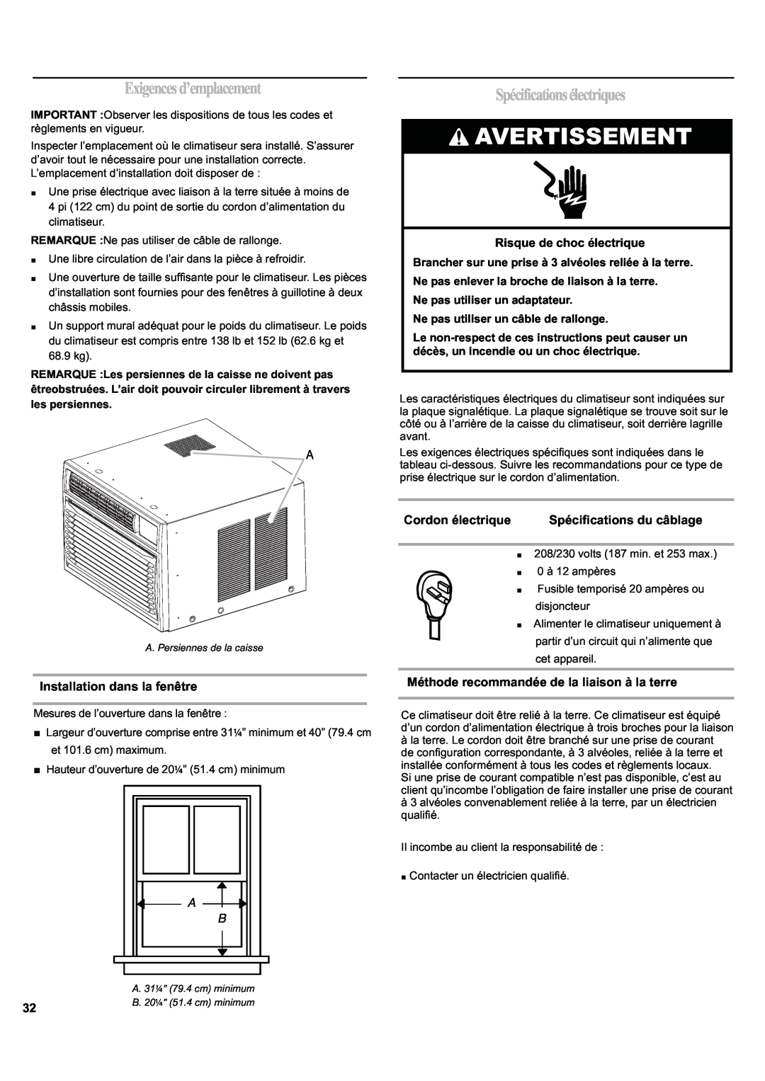 Haier ESA424J-L manual Avertissement, Exigencesd’emplacement, Spécificationsélectriques, Installation dans la fenêtre 