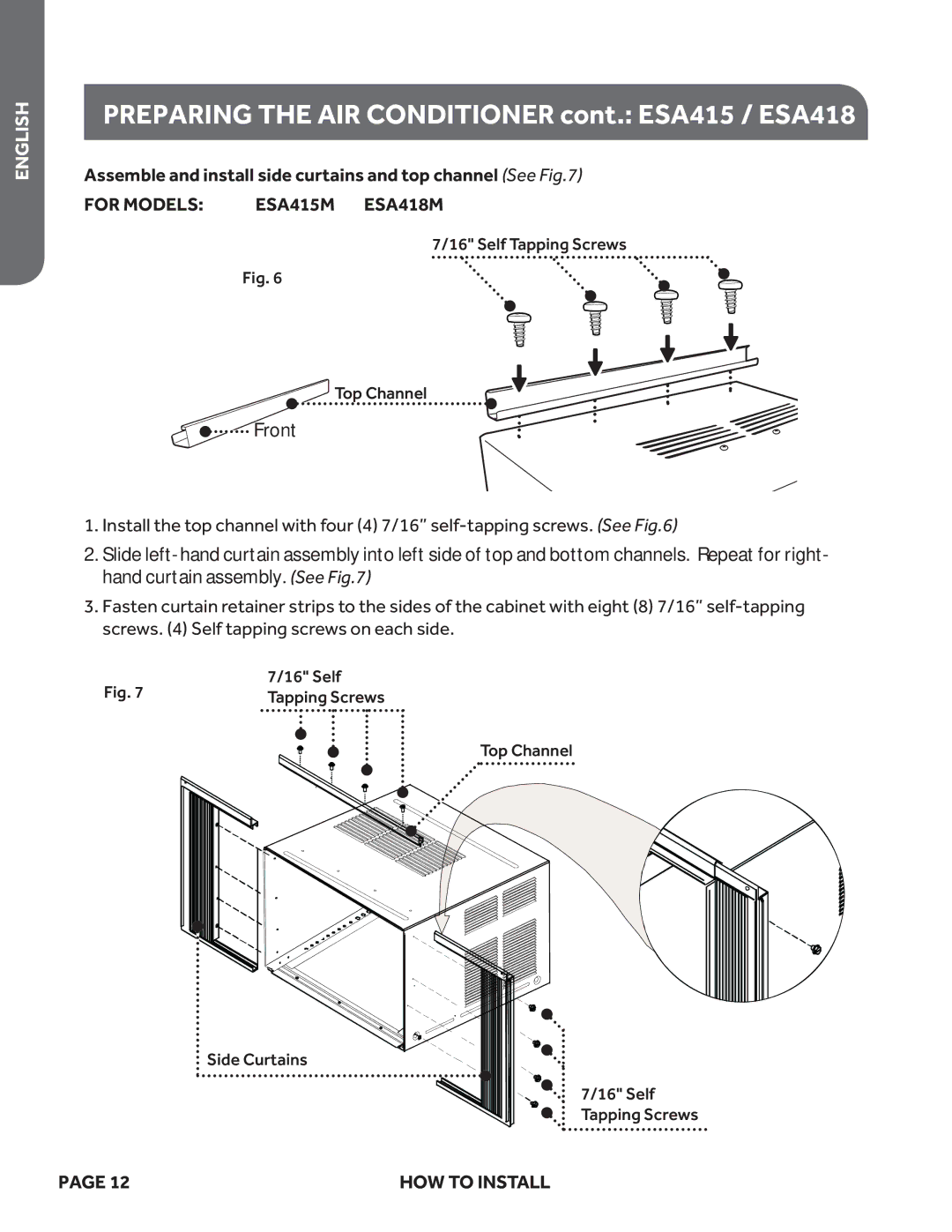 Haier ESA424K user manual Preparing the AIR Conditioner cont. ESA415 / ESA418, For Models ESA415M ESA418M 