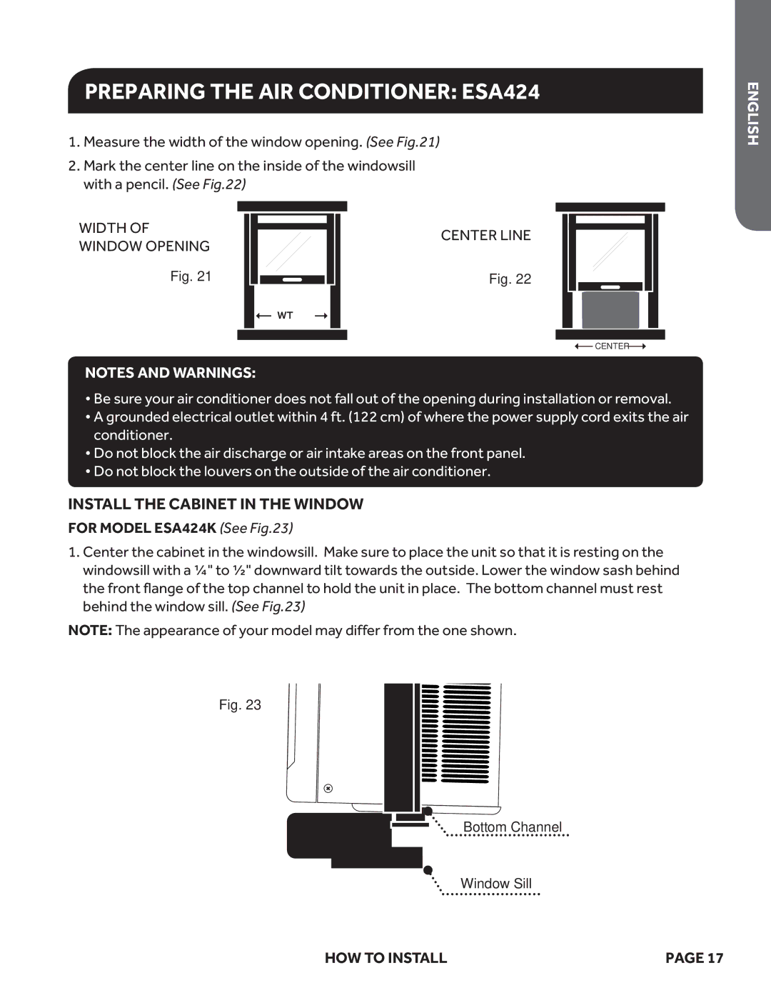 Haier ESA415M, ESA418M user manual Install the Cabinet in the Window, For Model ESA424K See 