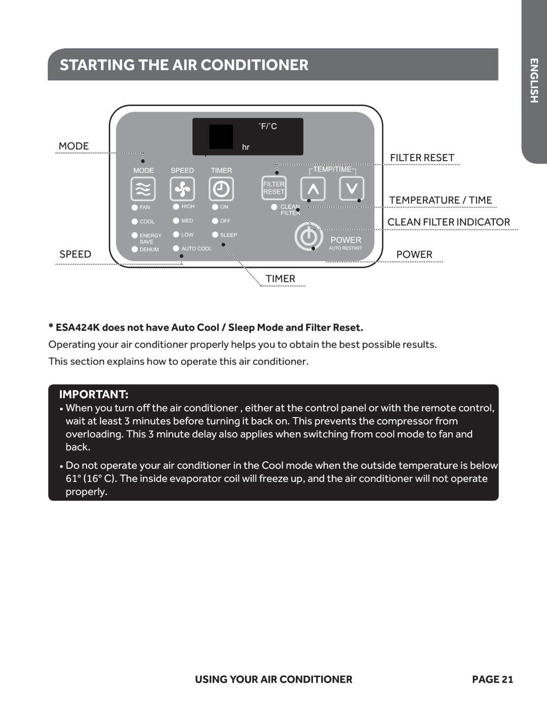 Haier ESA424K, ESA418M, ESA415M user manual Starting the AIR Conditioner, Using Your AIR Conditioner 