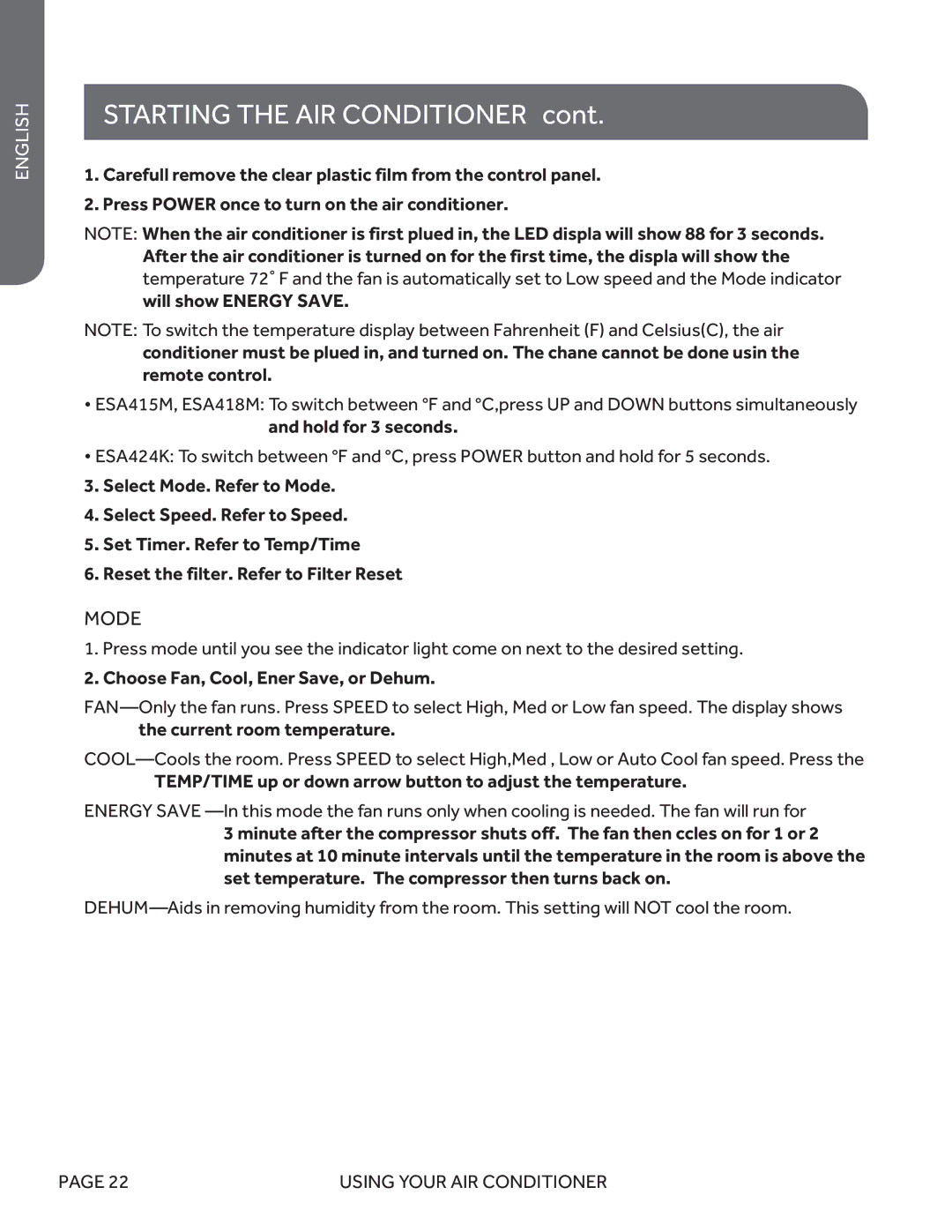 Haier ESA418M, ESA424K, ESA415M user manual Starting the AIR Conditioner, Mode 