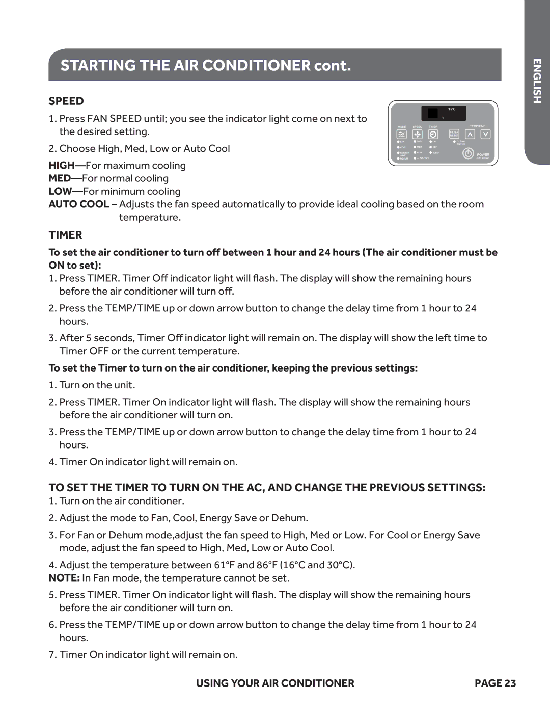 Haier ESA415M, ESA424K, ESA418M user manual Speed, Timer 