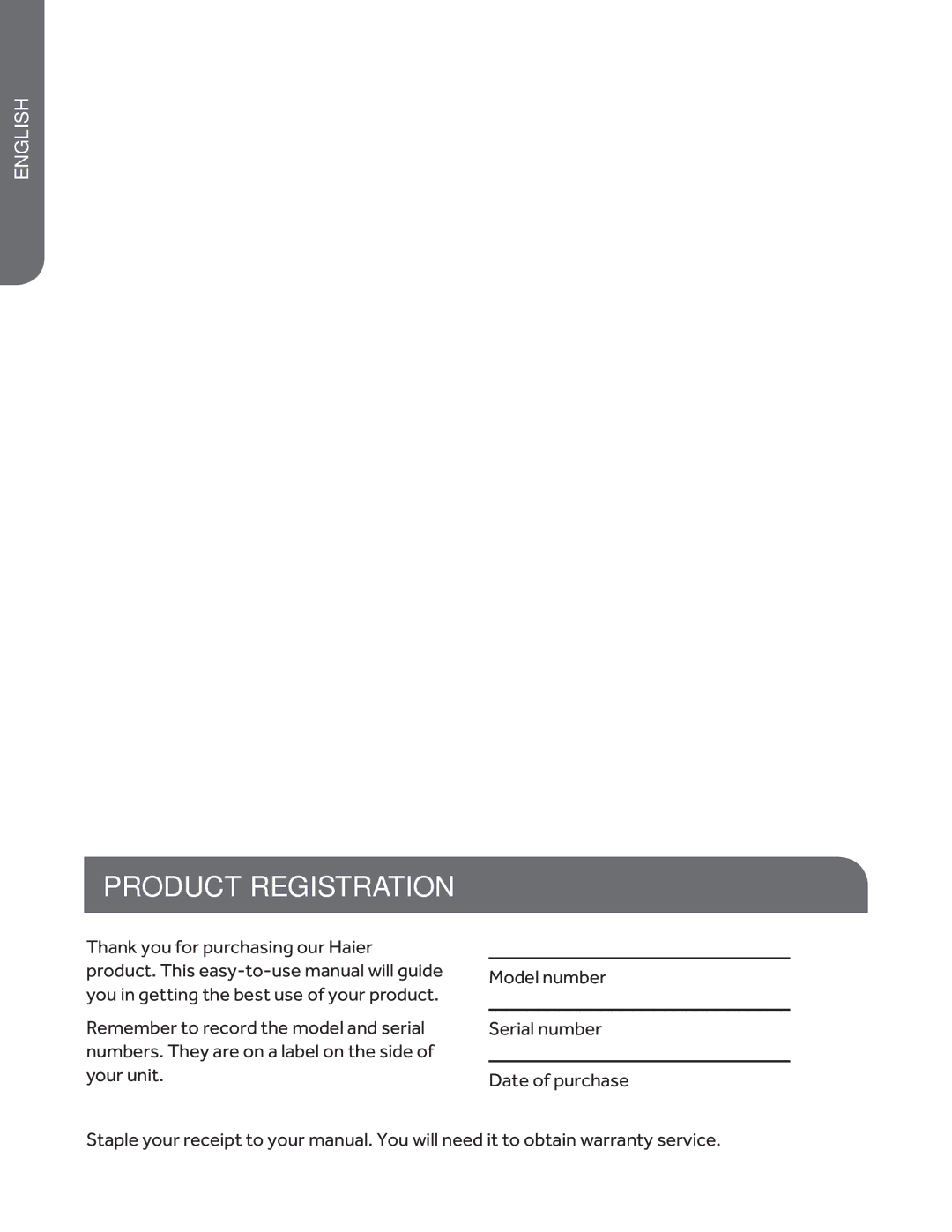 Haier ESA424K, ESA418M, ESA415M user manual Product Registration 