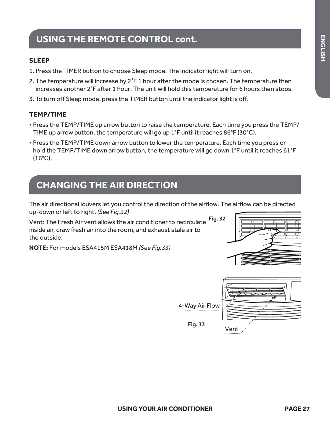 Haier ESA424K, ESA418M, ESA415M user manual Changing the AIR Direction, Sleep 