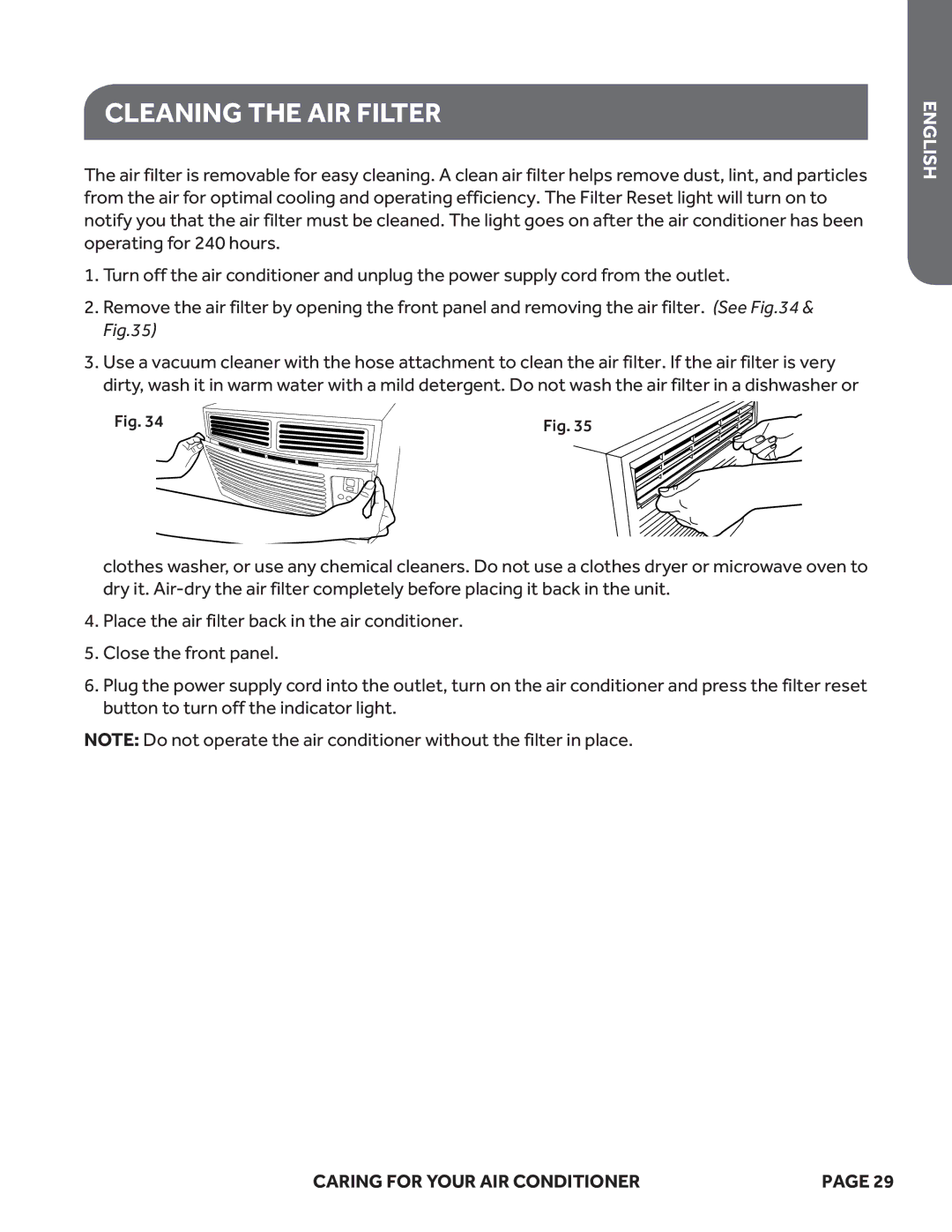 Haier ESA415M, ESA424K, ESA418M user manual Cleaning the AIR Filter, Caring for Your AIR Conditioner 