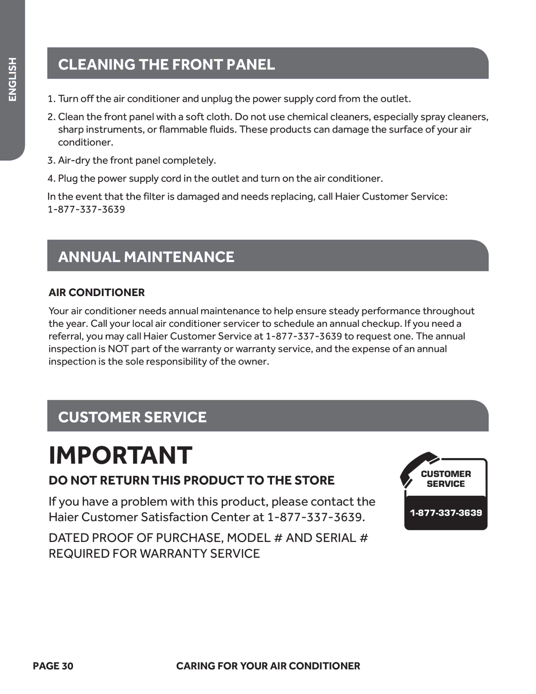 Haier ESA424K, ESA418M, ESA415M user manual Cleaning the Front Panel, Annual Maintenance, Customer Service, AIR Conditioner 